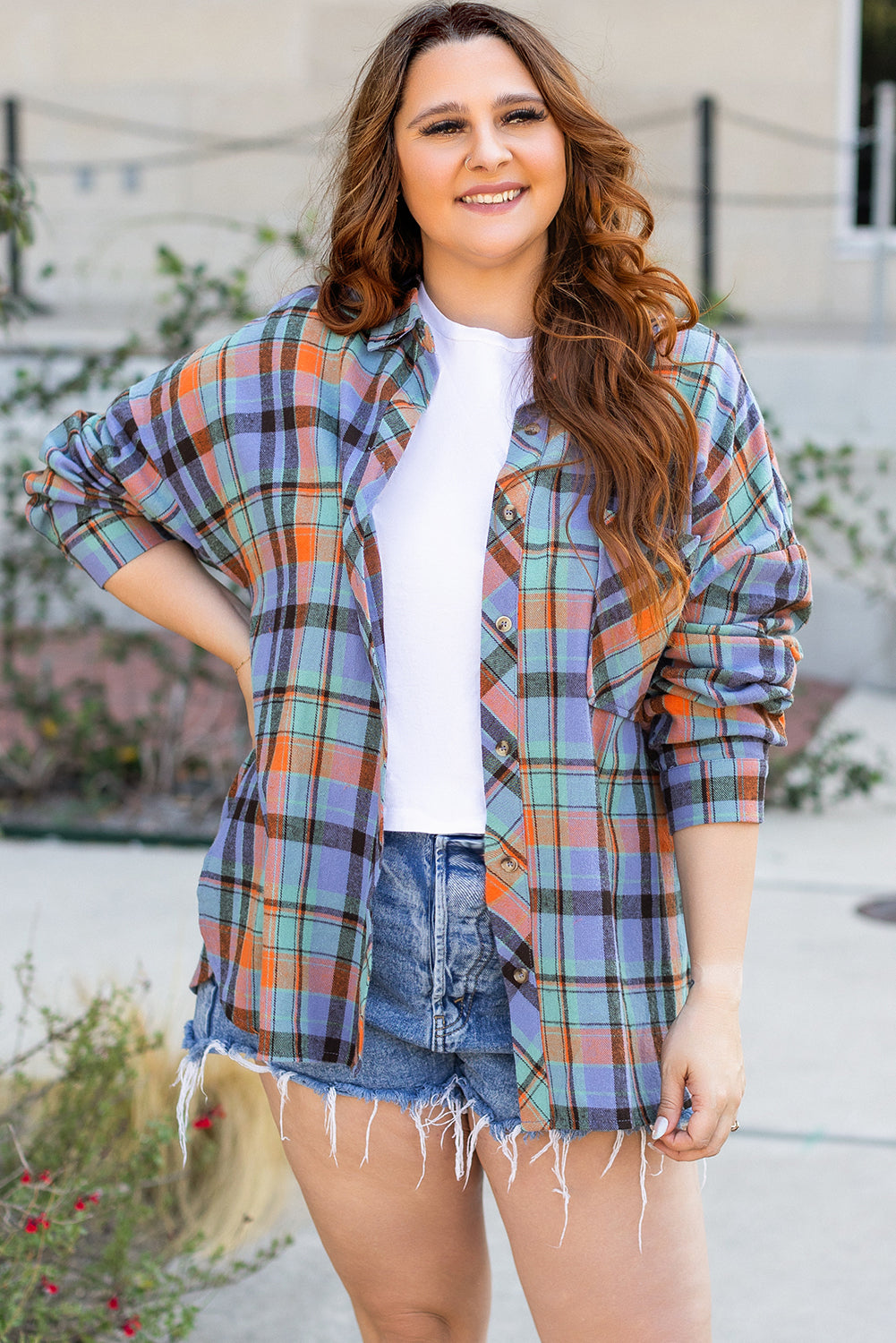 Orange Plus Size Plaid Print Buttoned Shirt Beagle Boutique Fashion Outlet