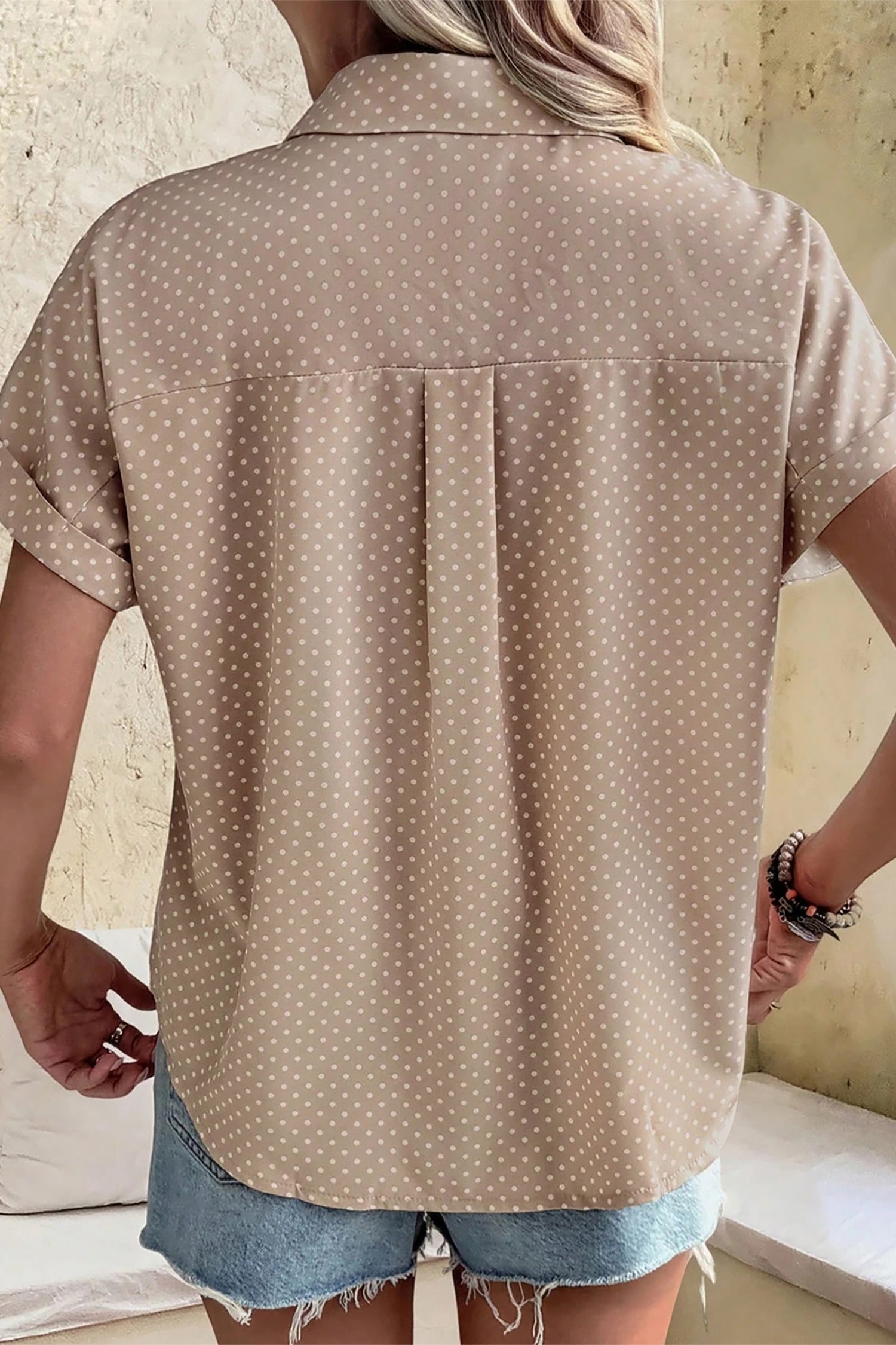 Dotted Print Cuffed Short Sleeve Shirt