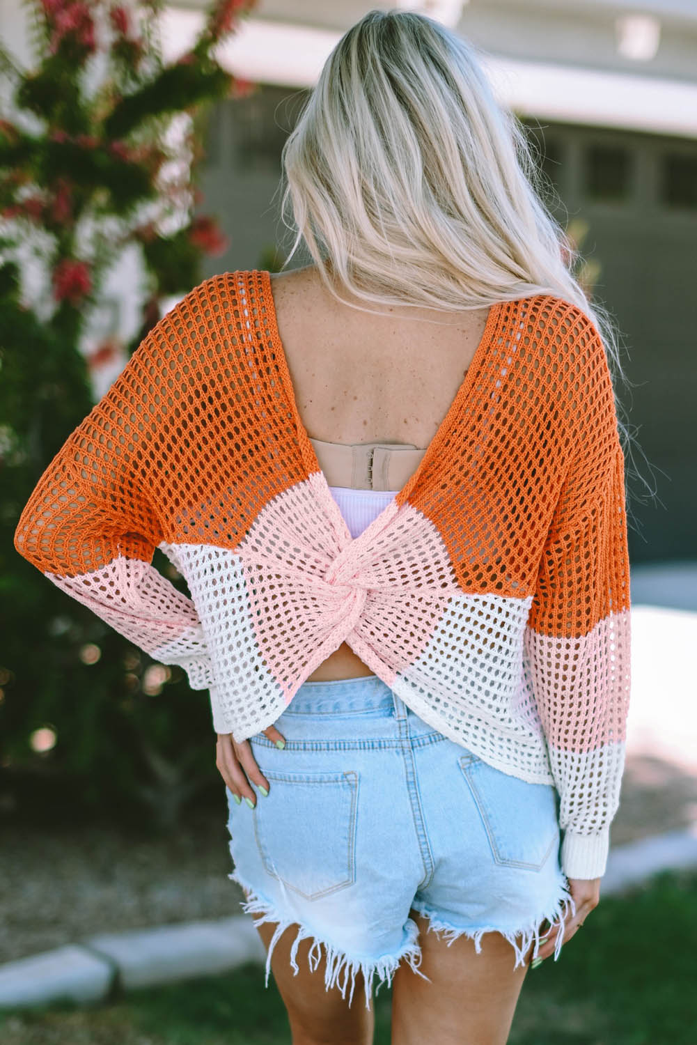 Black Colour Block Eyelet Long Sleeve Twisted Back Knit Top eAura