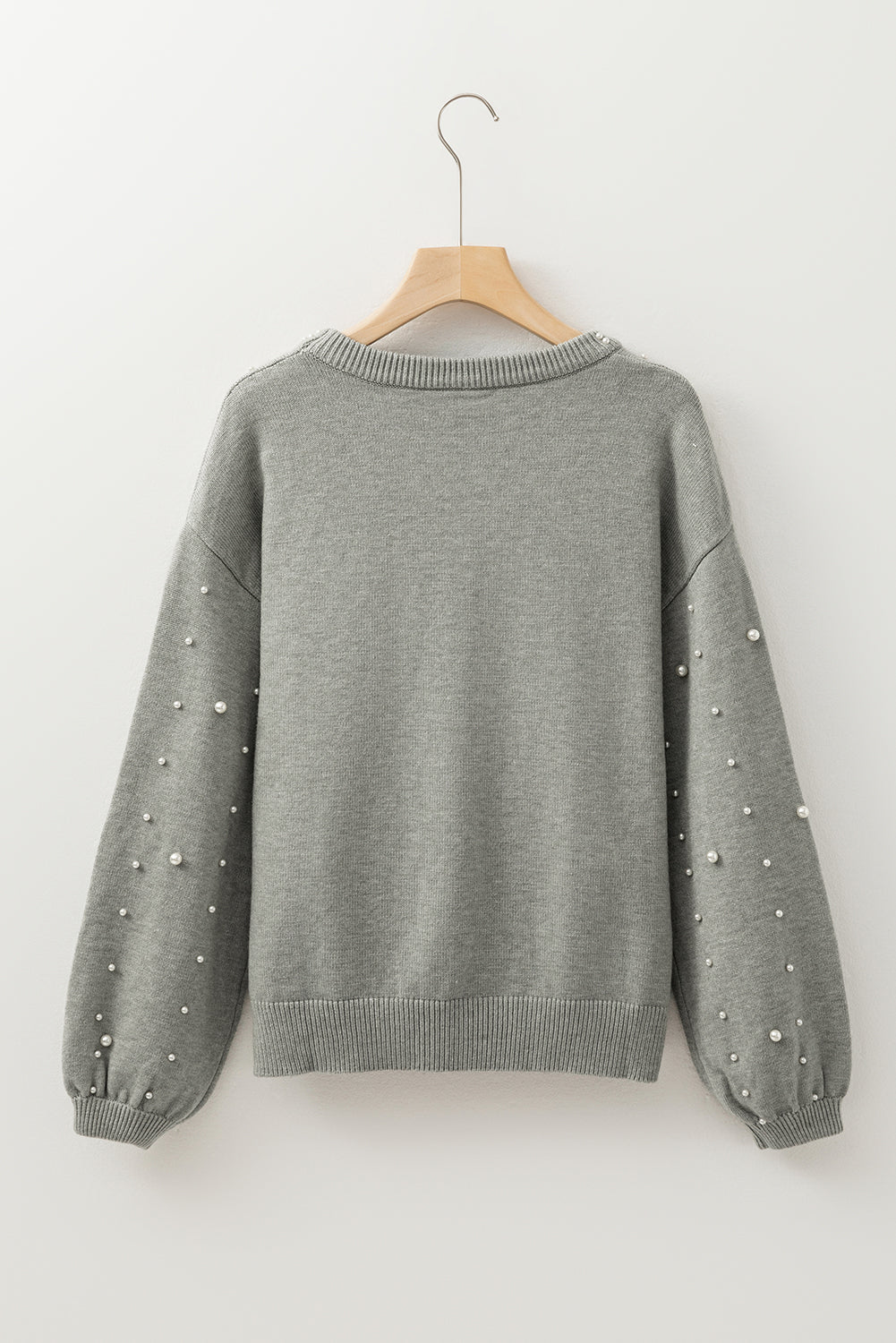Light Grey Pearled Drop Shoulder Round Neck Sweater eAura