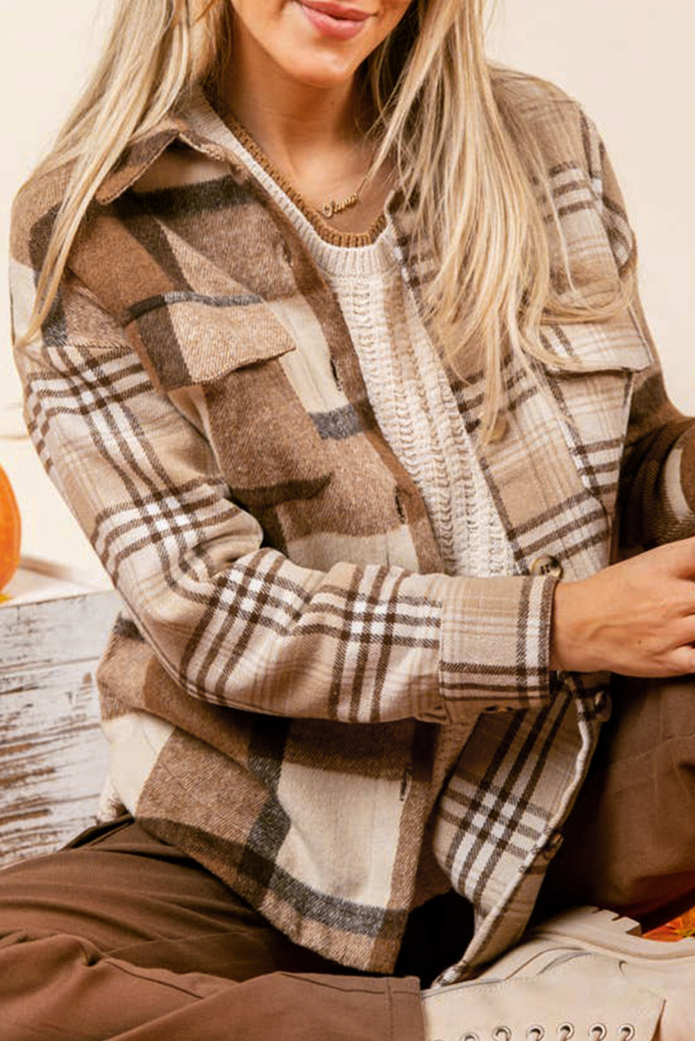 Light French Beige Flannel Plaid Double Flap Pocket Shacket BB Fashion Outlet