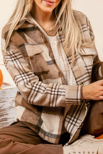 Light French Beige Flannel Plaid Double Flap Pocket Shacket BB Fashion Outlet