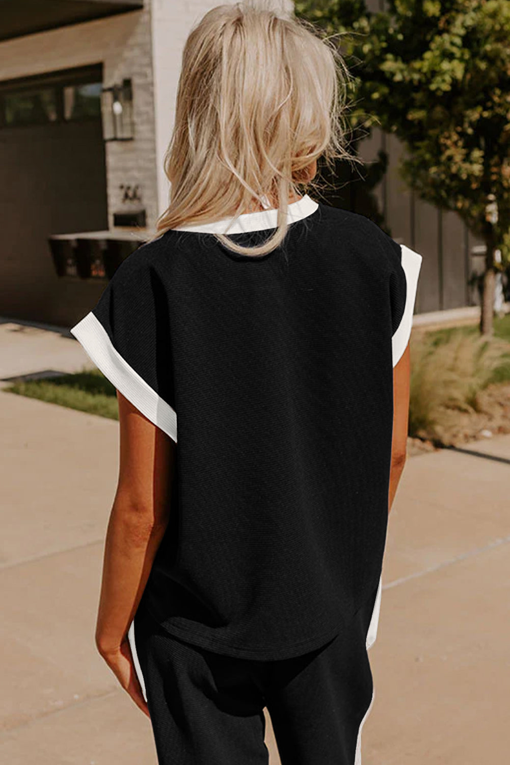 Black Color Block Pocketed T Shirt and Wide Leg Pants Set BB Fashion Outlet