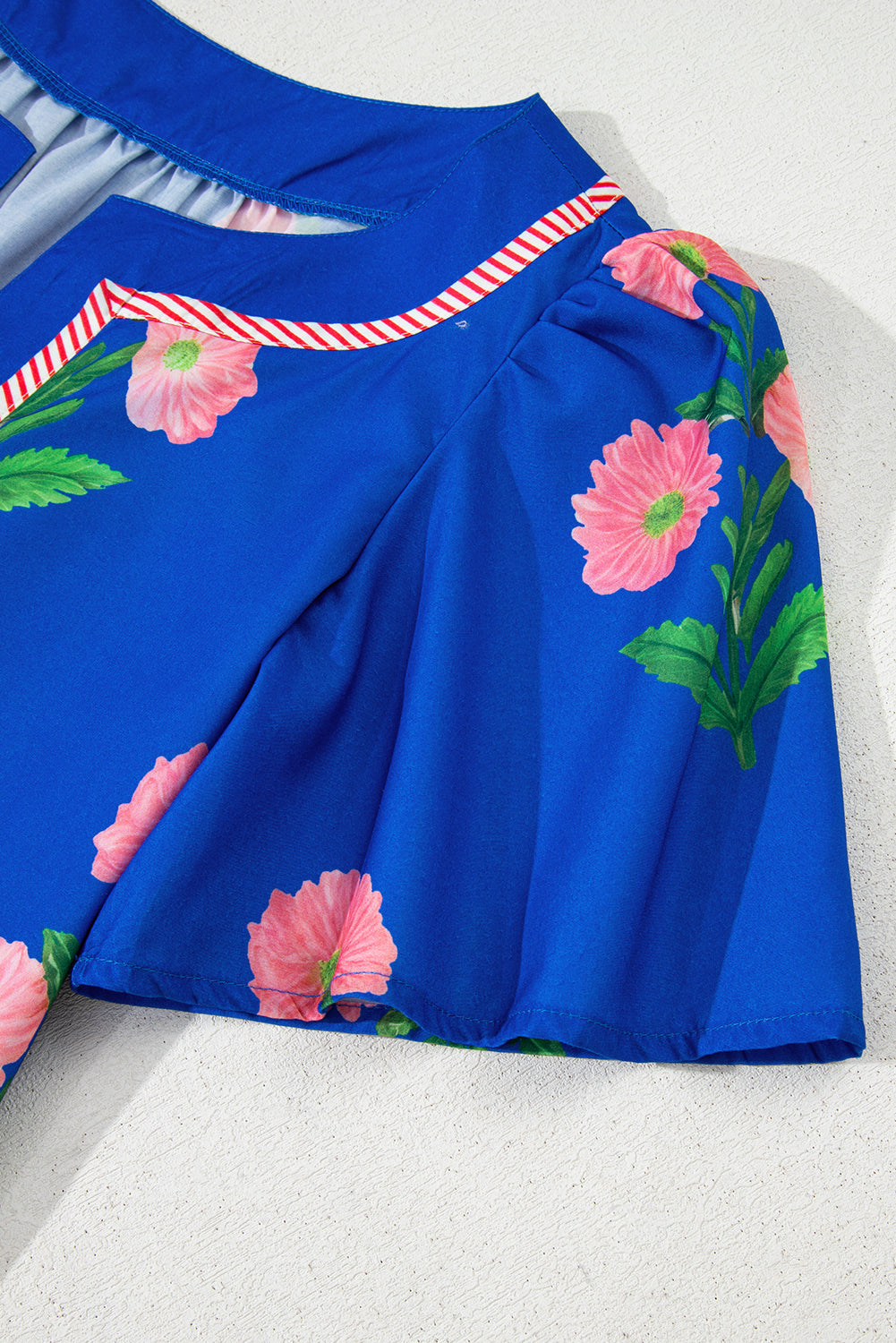 Blue Floral Short Sleeve Split Neck Loose Mini Dress eAura