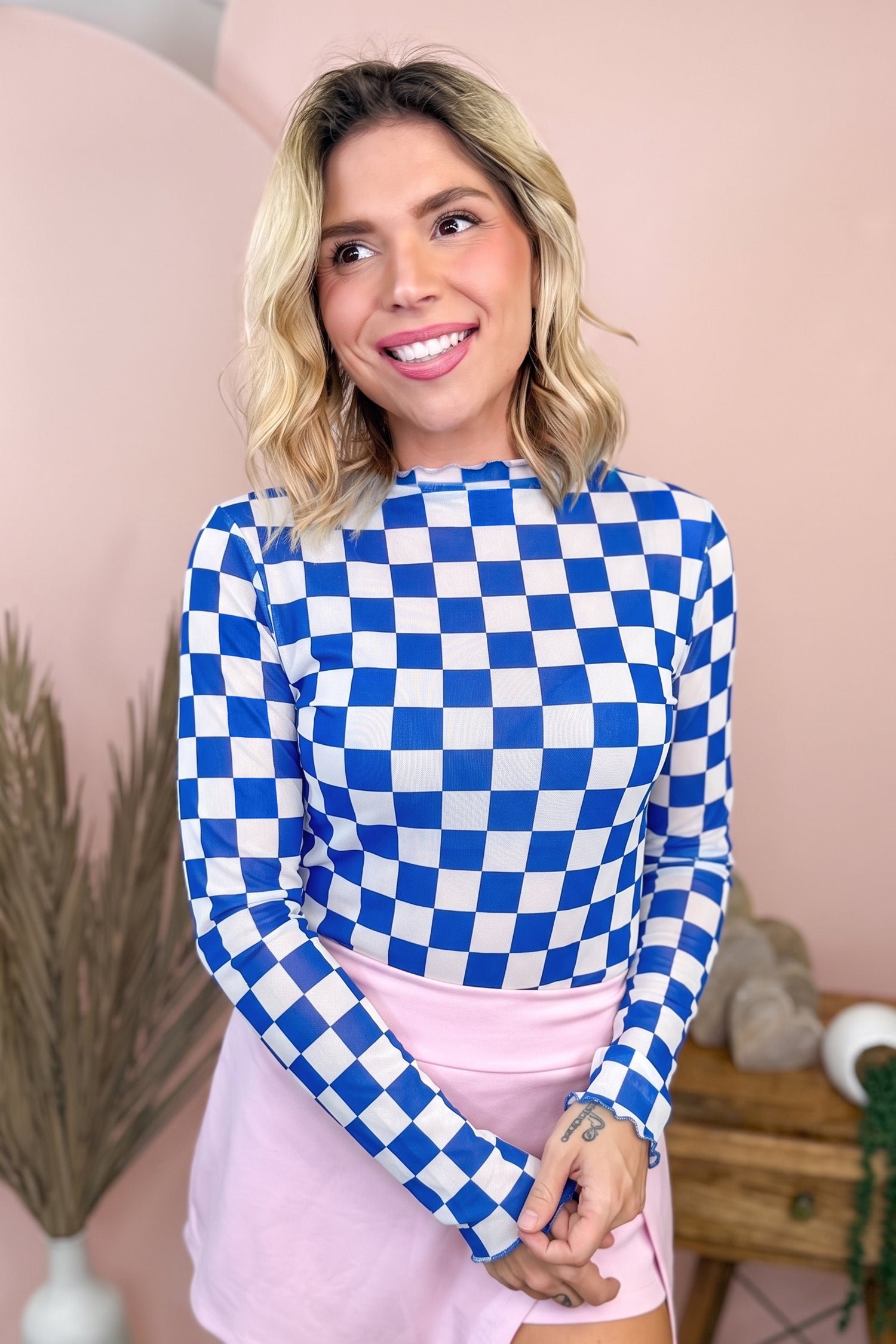Plaid Mesh Sheer Long Sleeve Top – Dark Blue