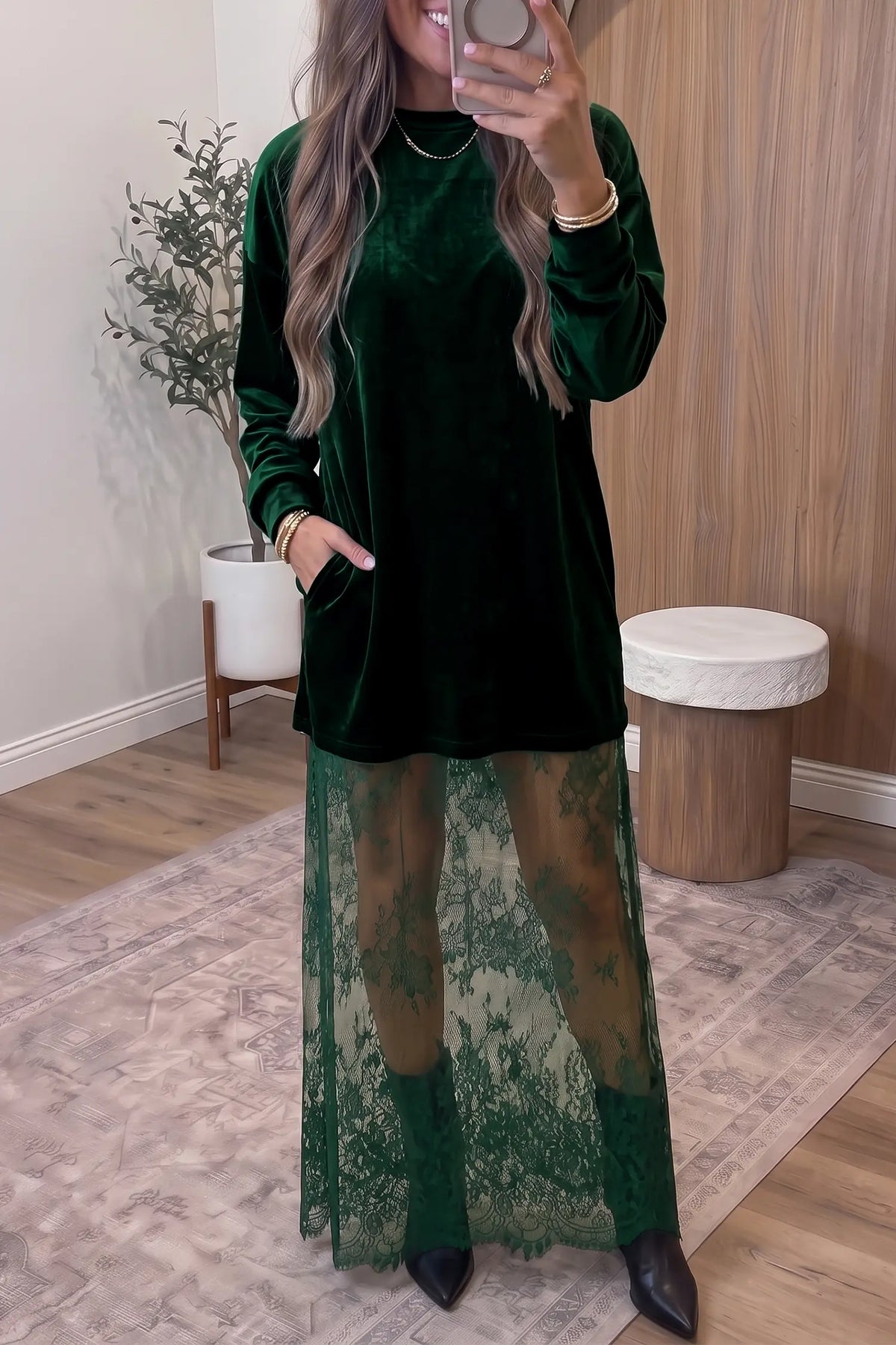 Velvet Long Sleeve Lace Splicing Hem Shift Maxi Dress