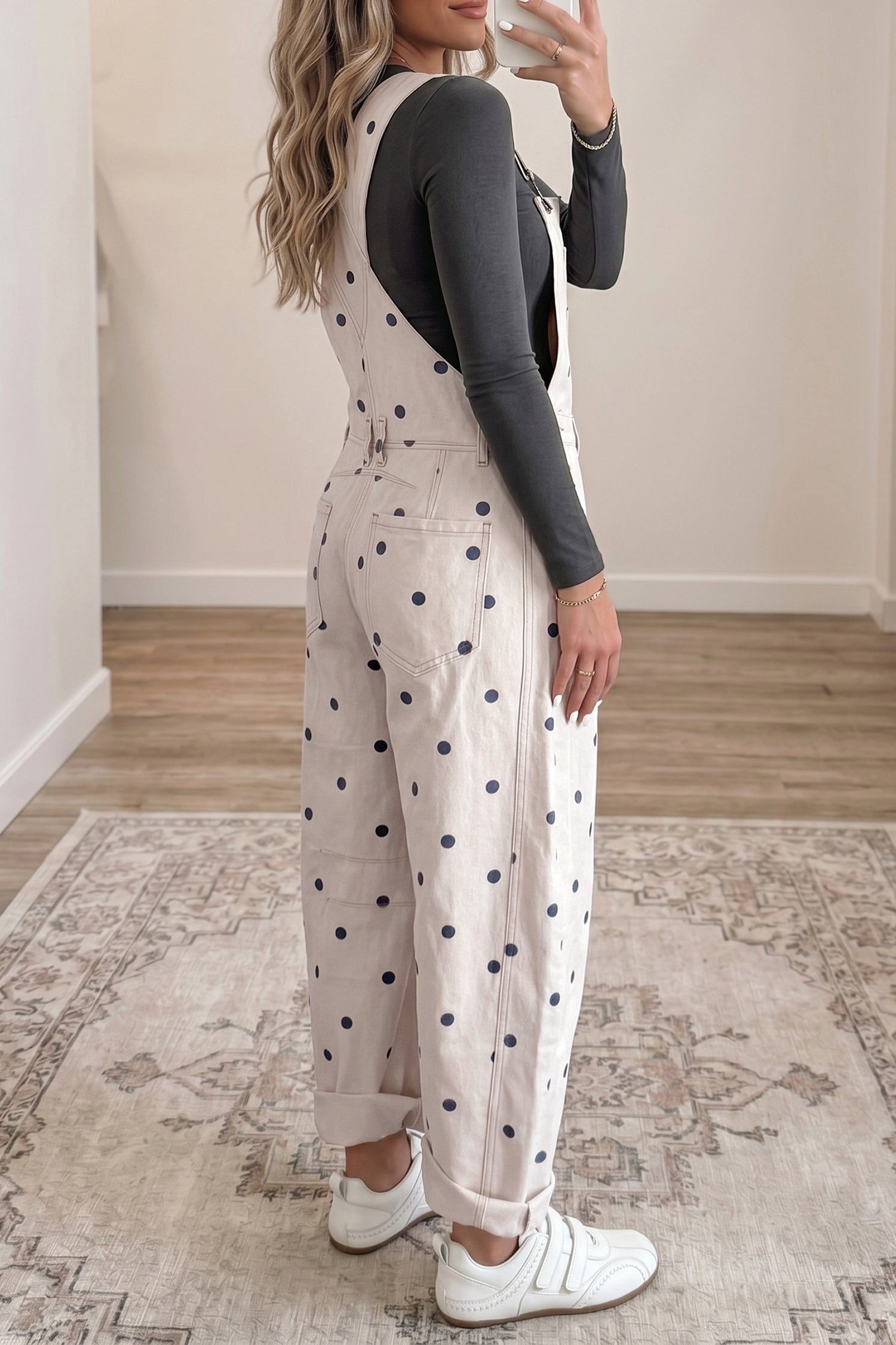 Polka Dot Print Bib Pocket Denim Barrel Overalls