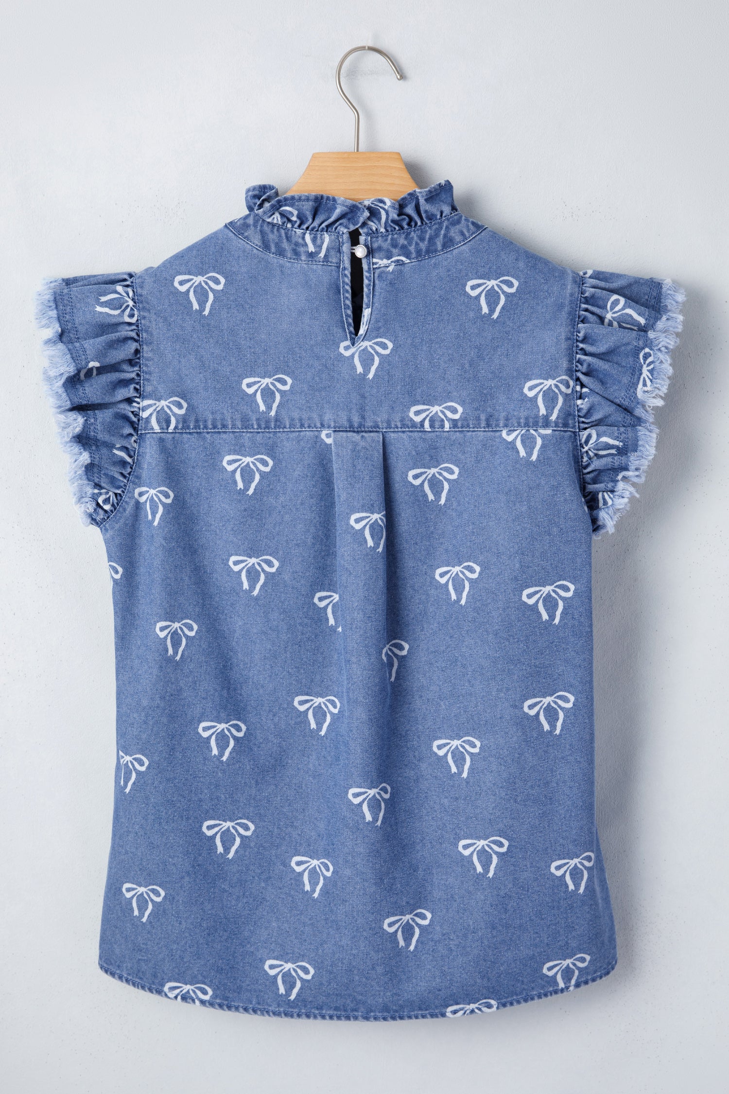Frilled Collar Flutter Sleeve Denim Top – White