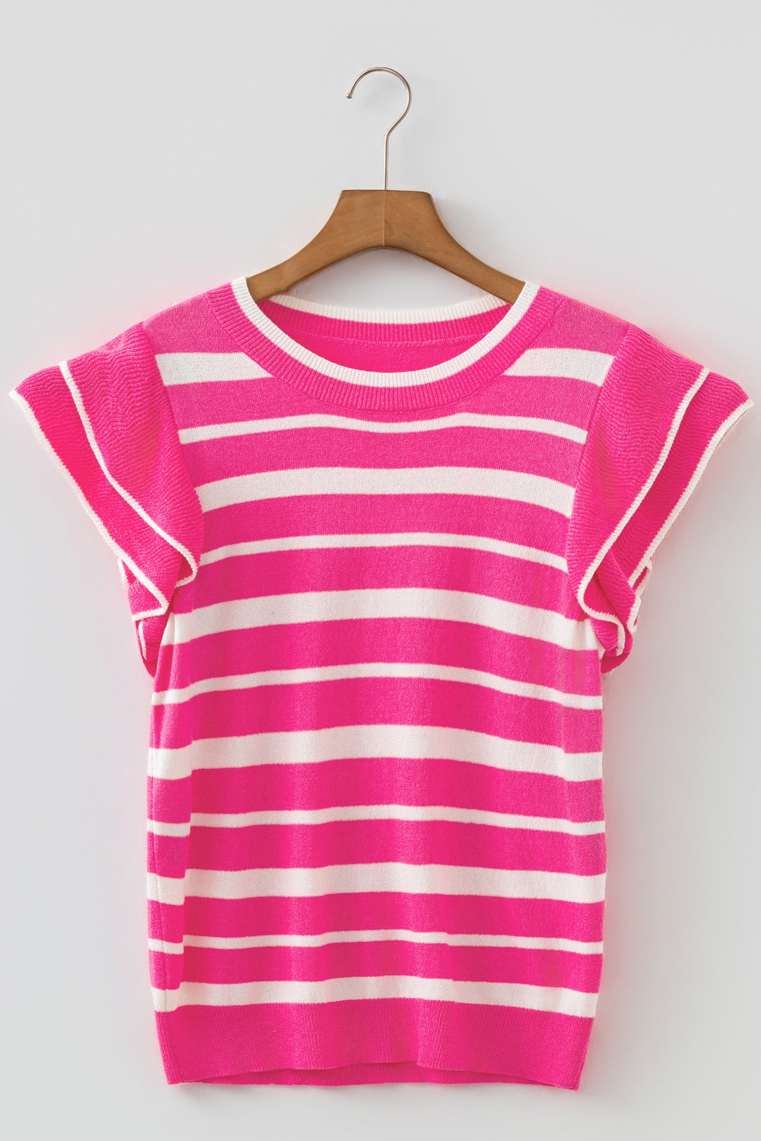 Double Ruffle Short Sleeve Lightweight Knit Sweater – Rose Stripe