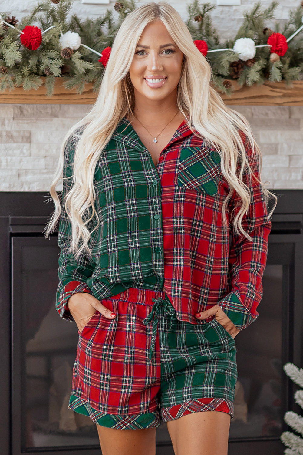 Plaid Contrast Christmas Holiday Long Sleeve Shirt and Shorts Pyjamas - eAura