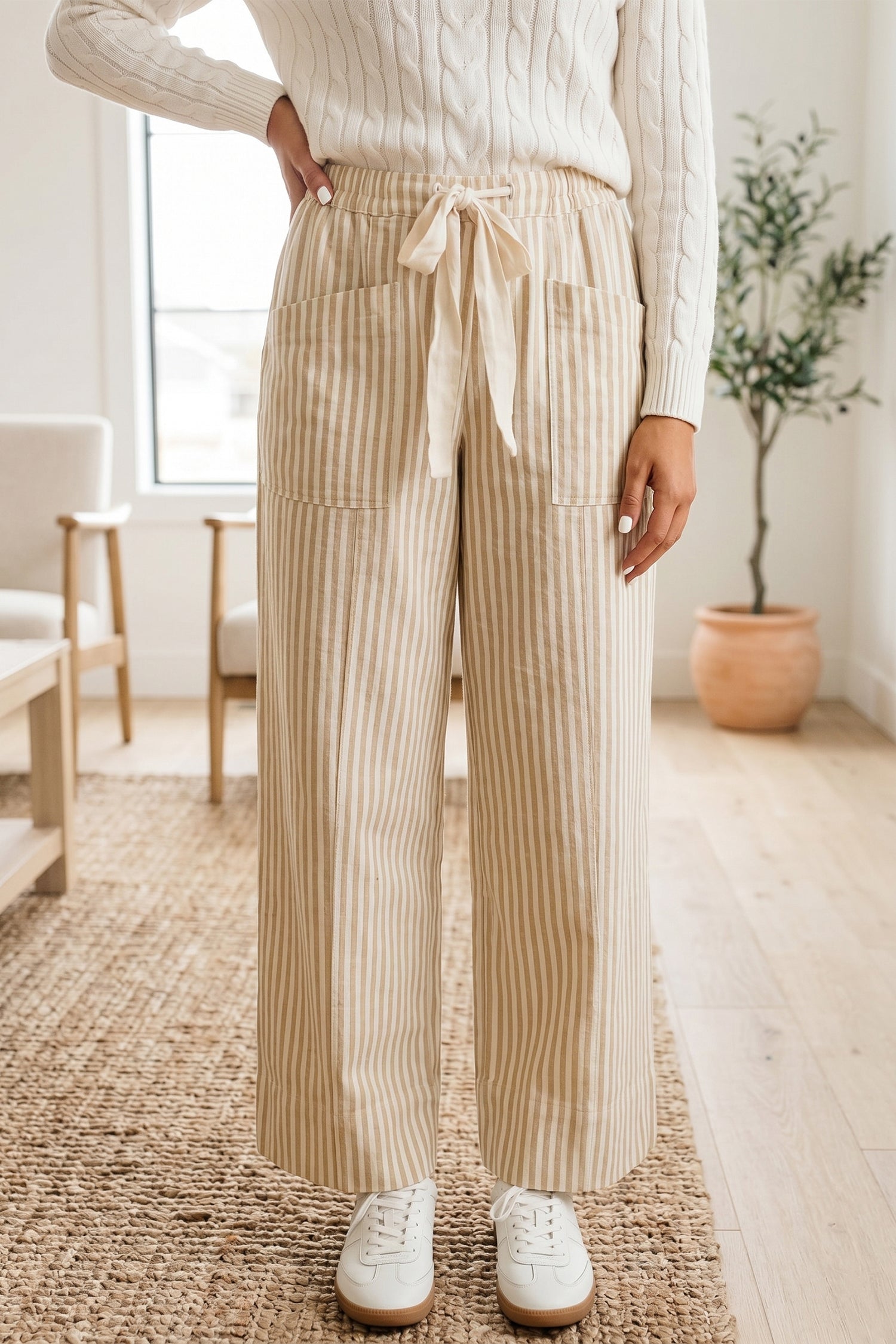 Ribbon Drawstring Waist Full-Length Shift Pant – Apricot Stripe