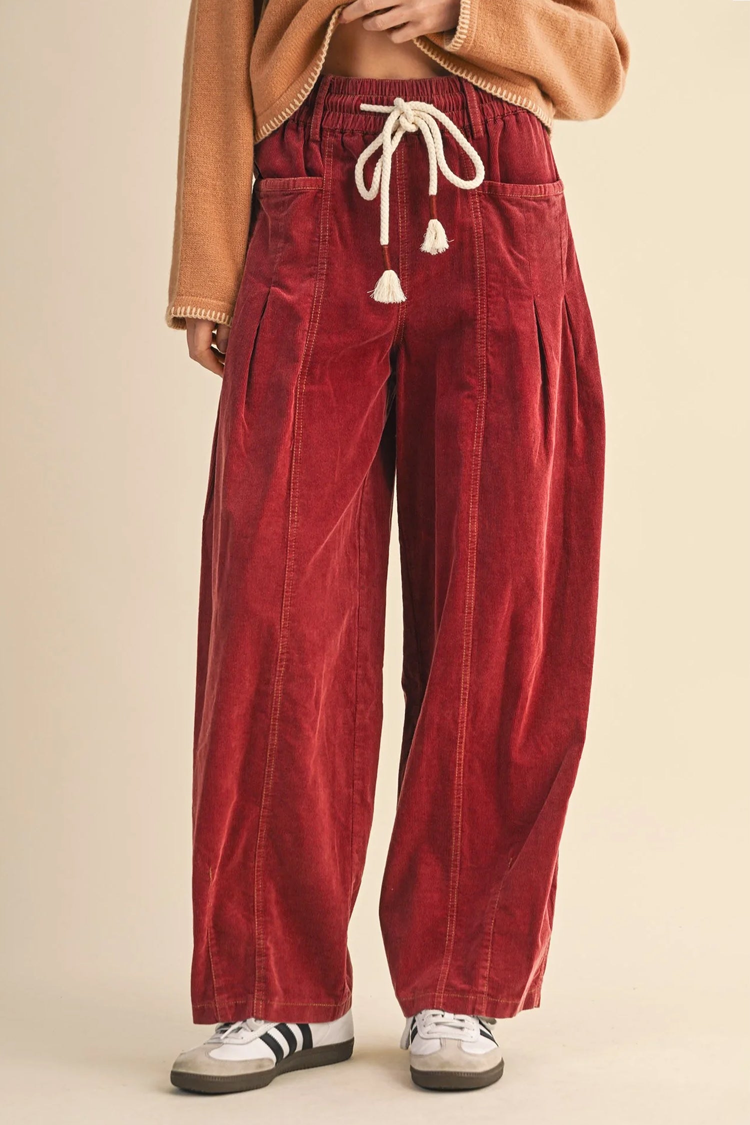 Elastic Waist Drawstring Corduroy Casual Pants – Racing Red