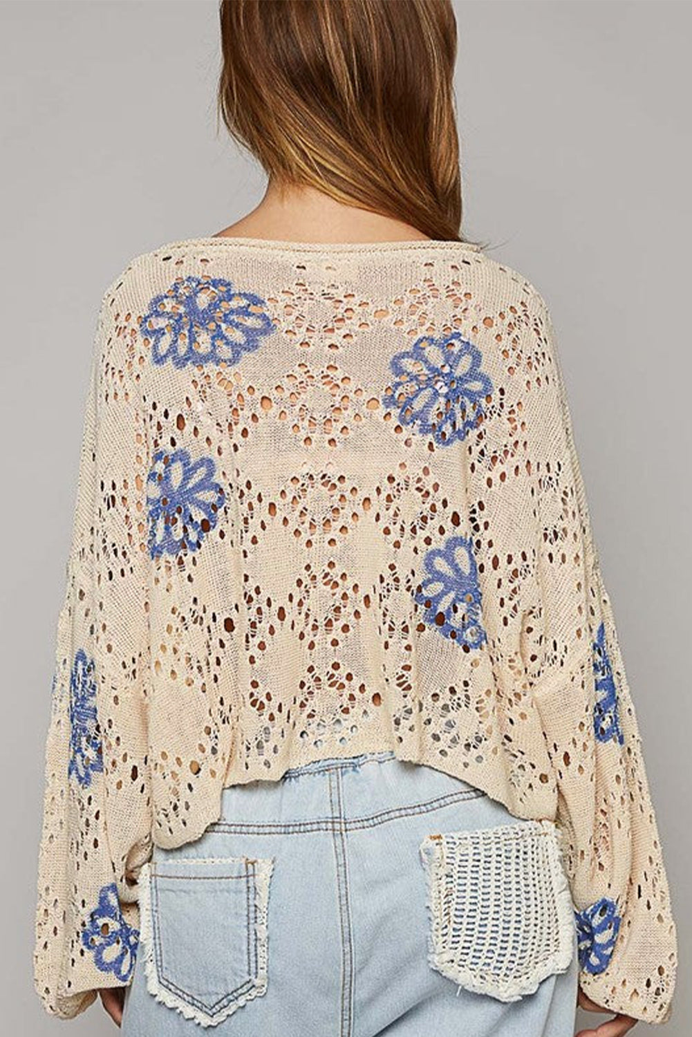 Beige Contrast Flower Print Eyelet Drop Shoulder Sweater eAura