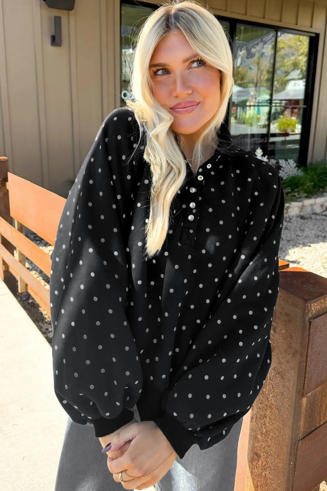 Polka Dot Print Metal Button Collar Casual Pullover Sweatshirt
