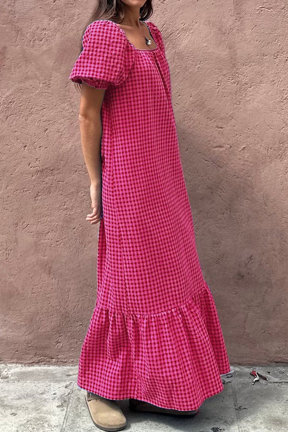 Rose Ginham Check Bubble Sleeve Ruffled Maxi Dress - eAura