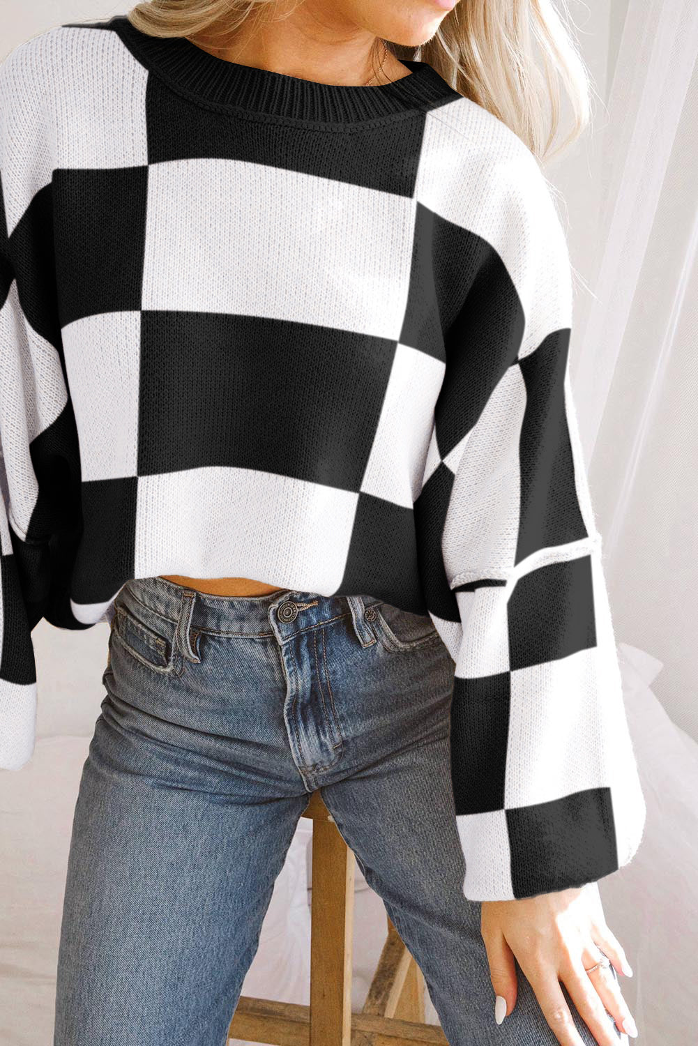 Checkered Bishop Sleeve Sweater – Rose, Pink, Green, Brown, Red & Black