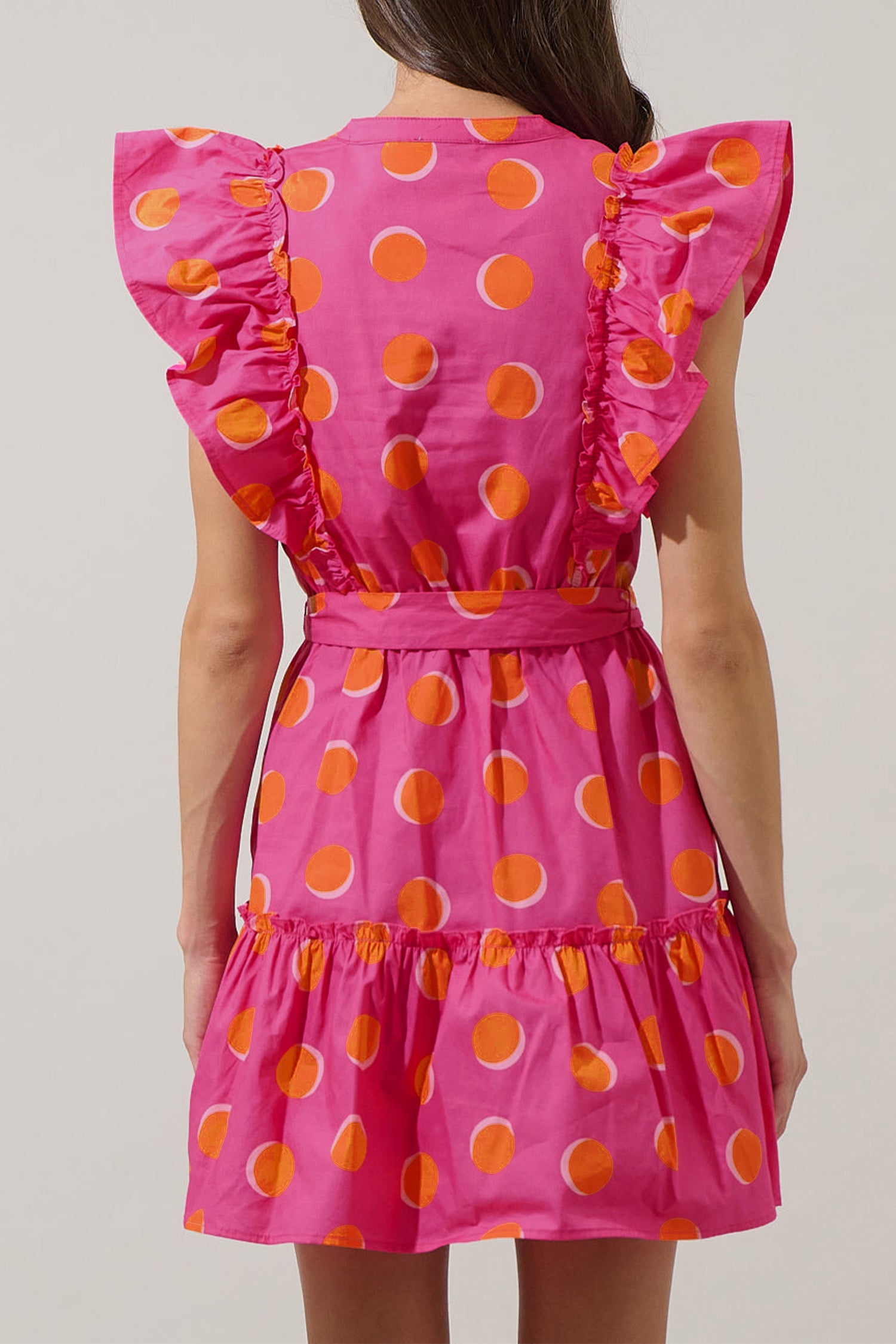 Polka Dot V Neck Ruffled Short Sleeve Mini Dress