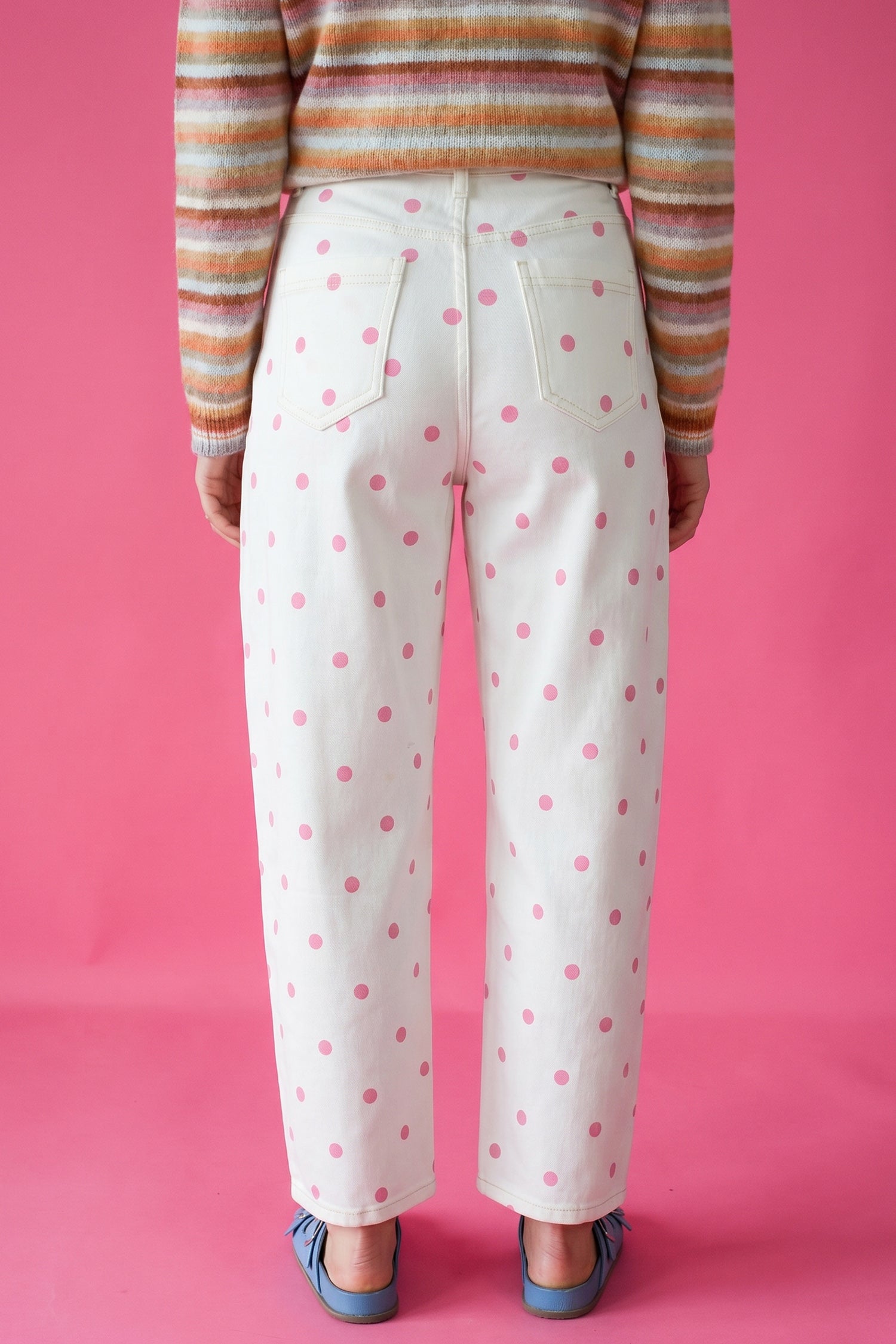 Polka Dot Print Seam Detail Barrel Jeans – Pink