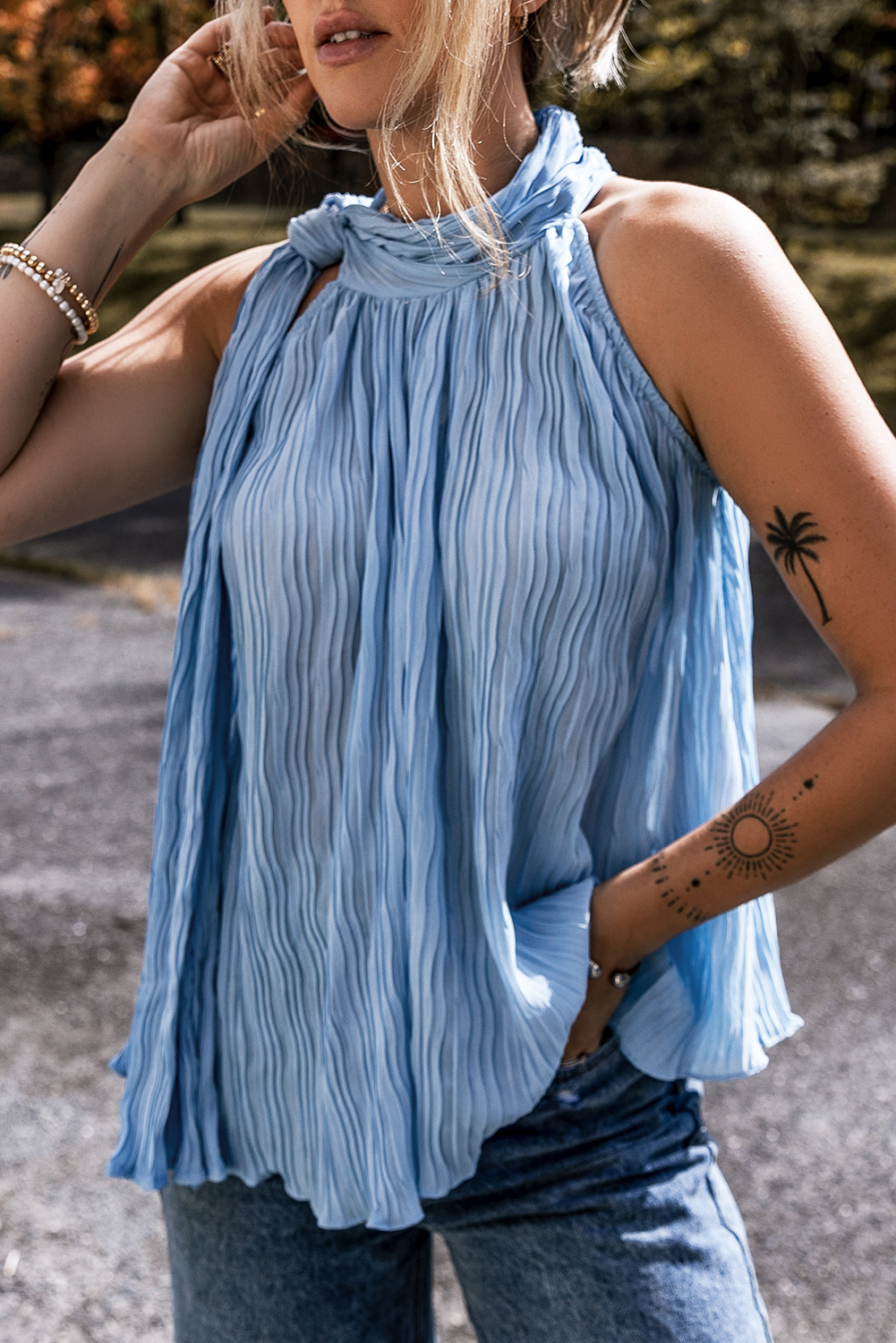 Myosotis Textured Pleated Tied Mock Neck Flowy Sleeveless Top eAura