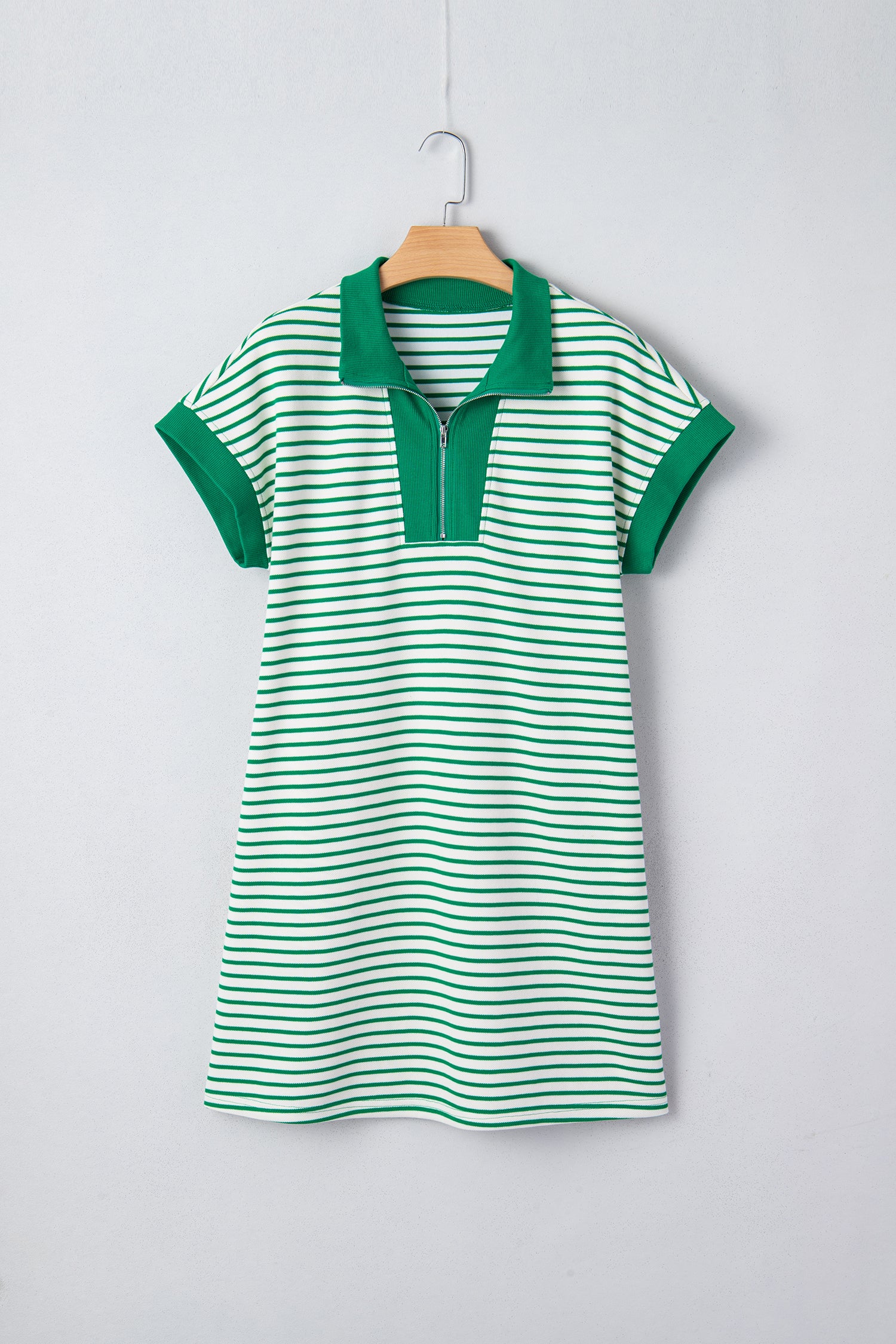 Stripe Quarter Zip Polo Collar T-Shirt Dress with Pockets
