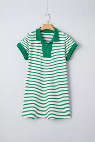 Stripe Quarter Zip Polo Collar T-Shirt Dress with Pockets