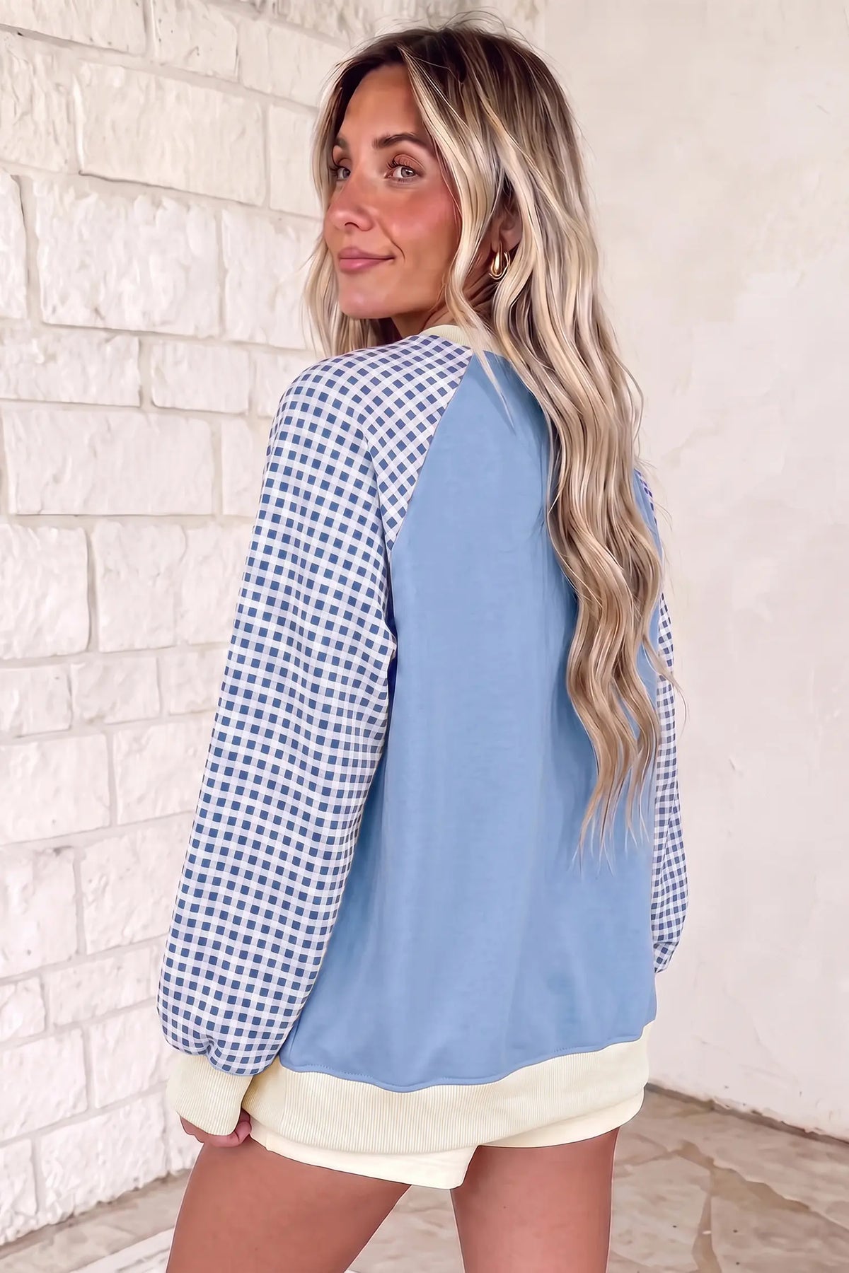 Plaid Sleeve Colourblock Raglan Pullover Sweatshirt – Beige