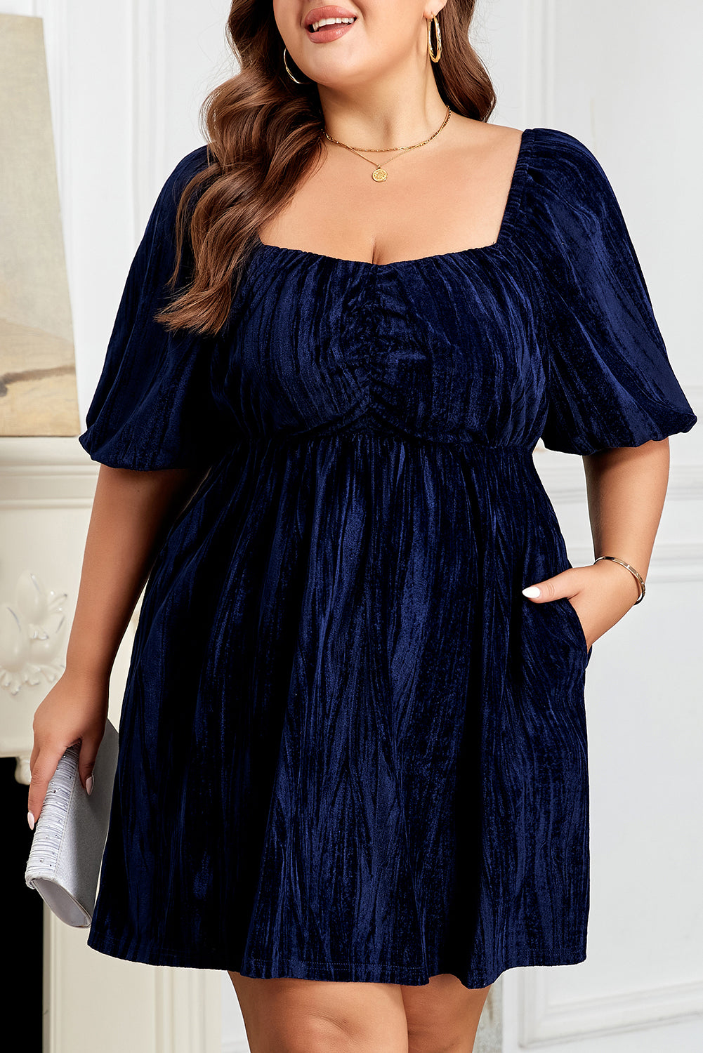 Velvet Ruched Bust Square Neck Short Puff Sleeve Plus Dress - Size/Plus Size Dresses/Plus Midi Dresses