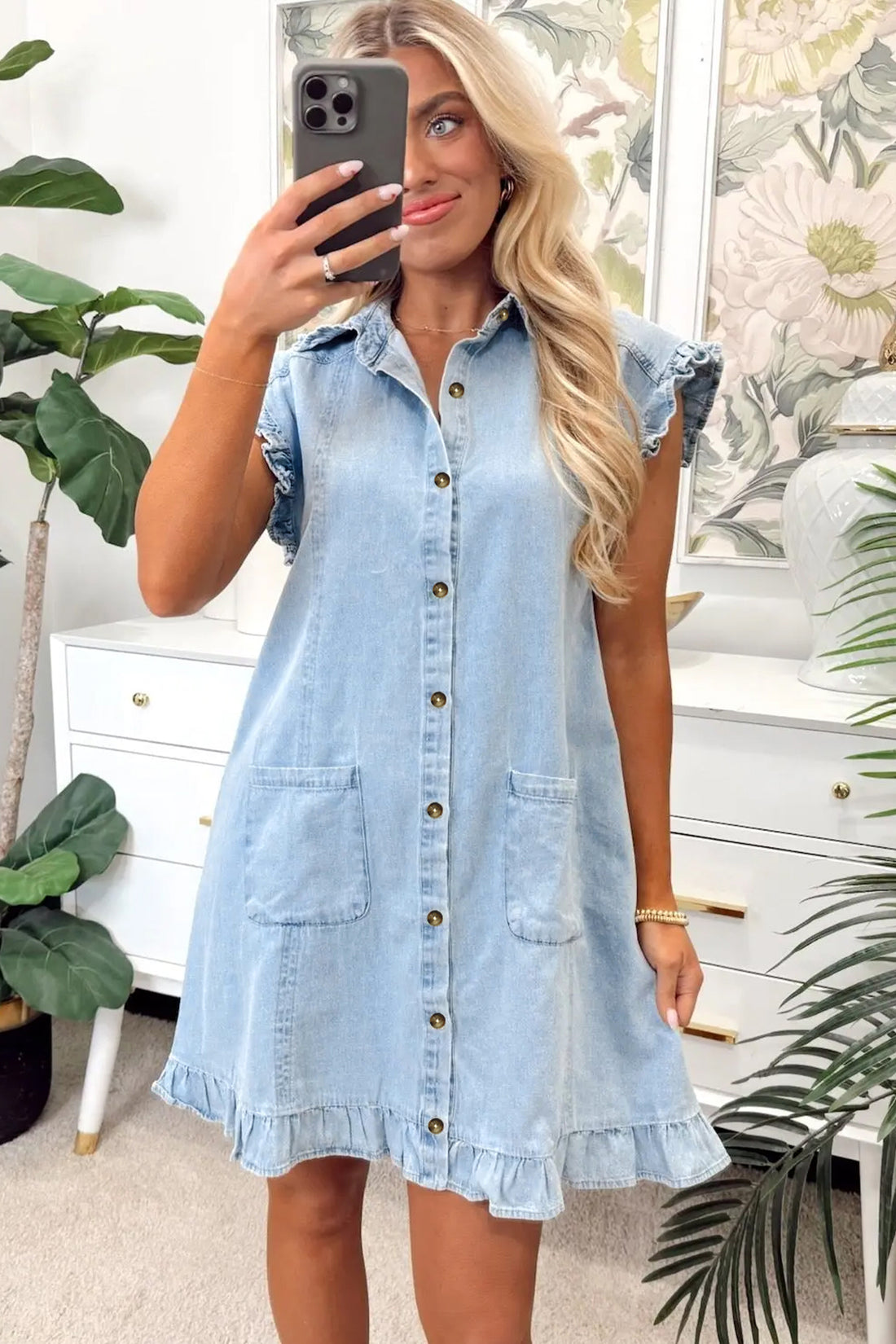 Blue Ruffled Edge Collared Shift Denim Dress with Pockets