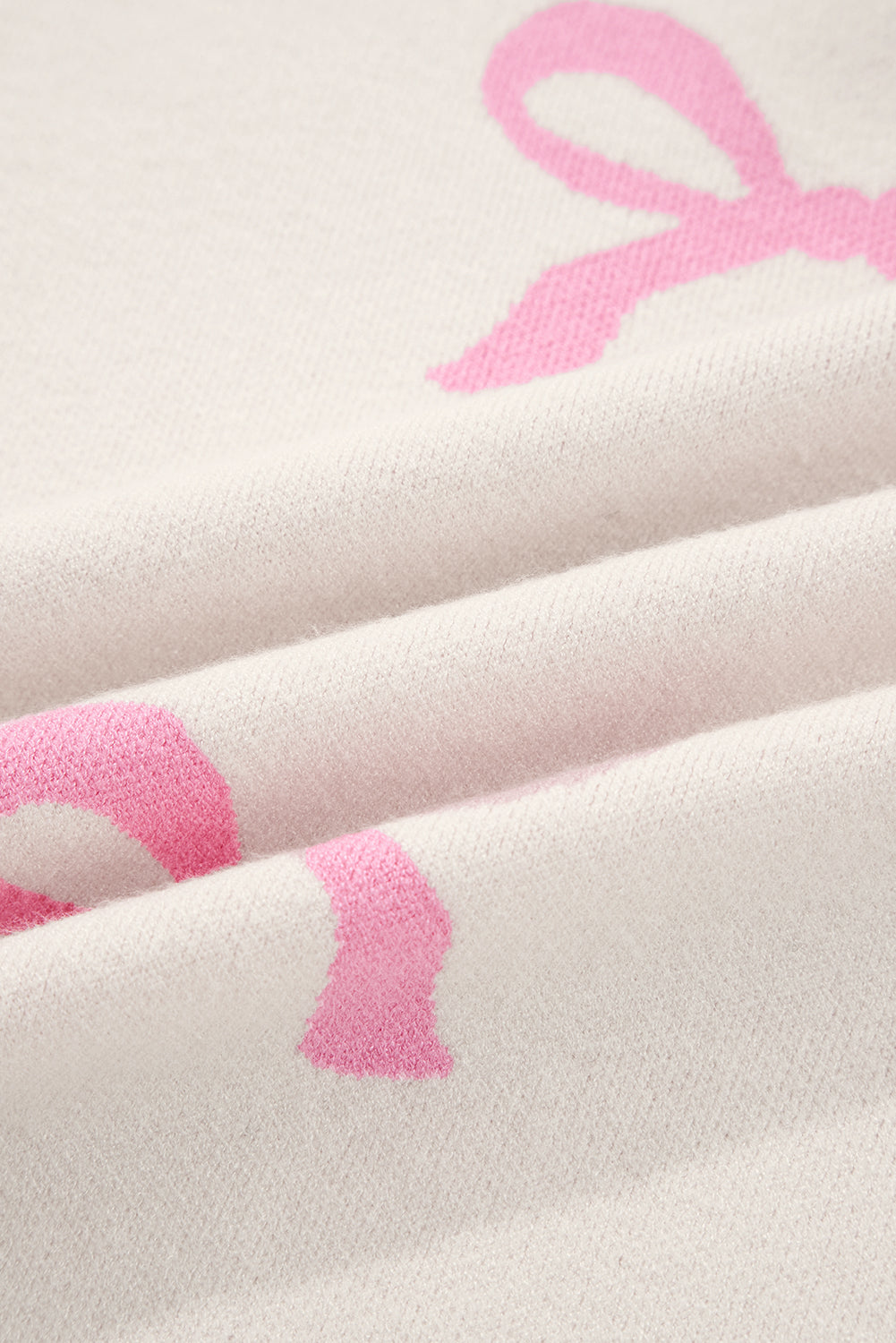 Pink Bow Print Ribbed Trim Exposed Seam Drop Shoulder Loose Sweater eAura