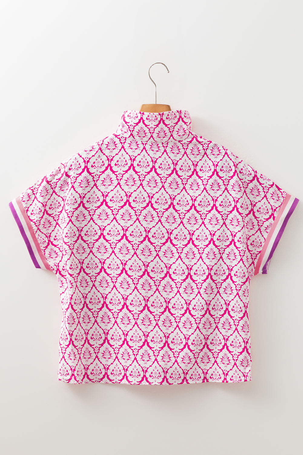 Western Print Zipped Collar Short Sleeve Blouse Top - eAura