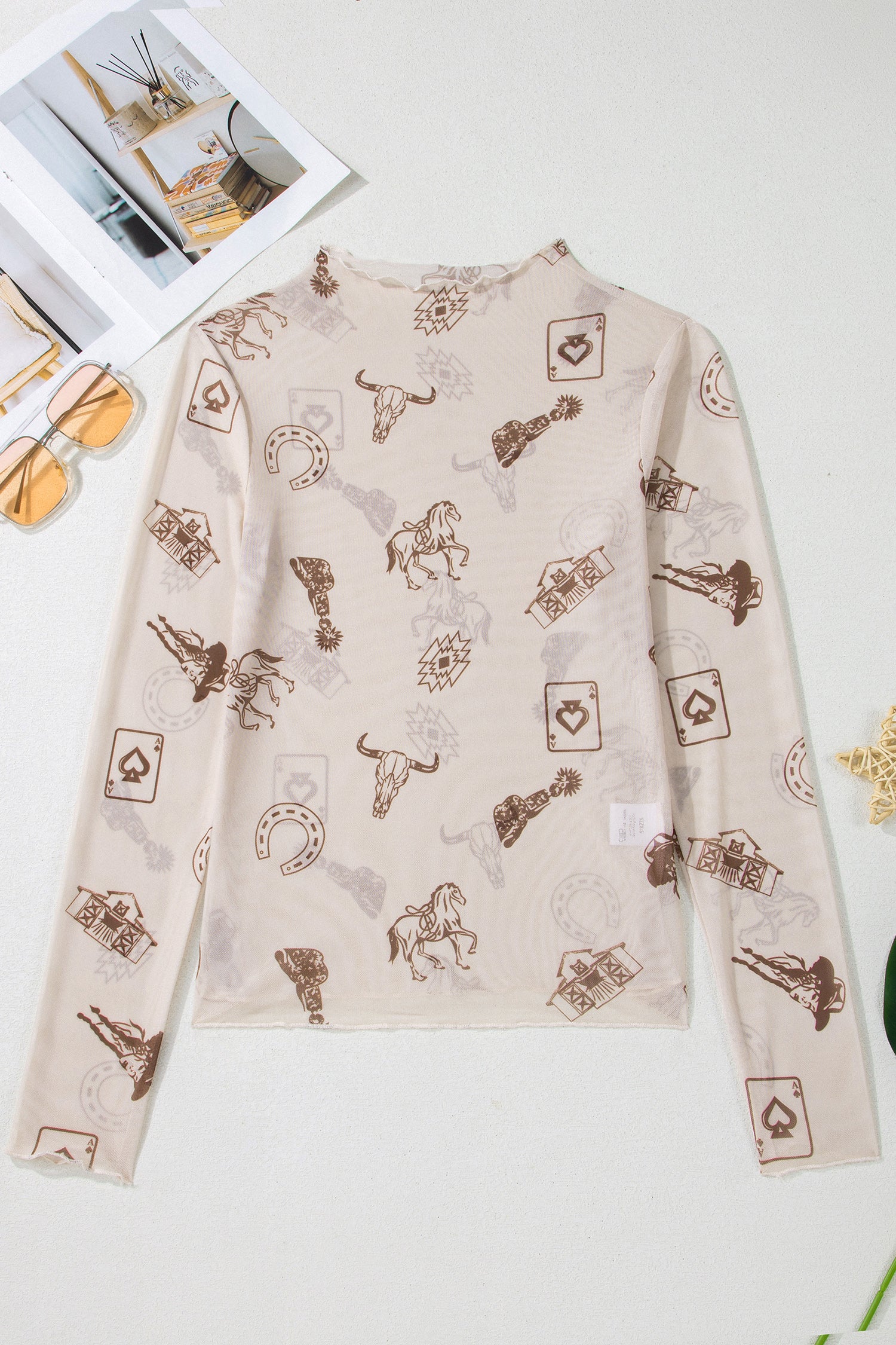 Western Print Slim Fit Mesh Mock Neck Long Sleeve Top
