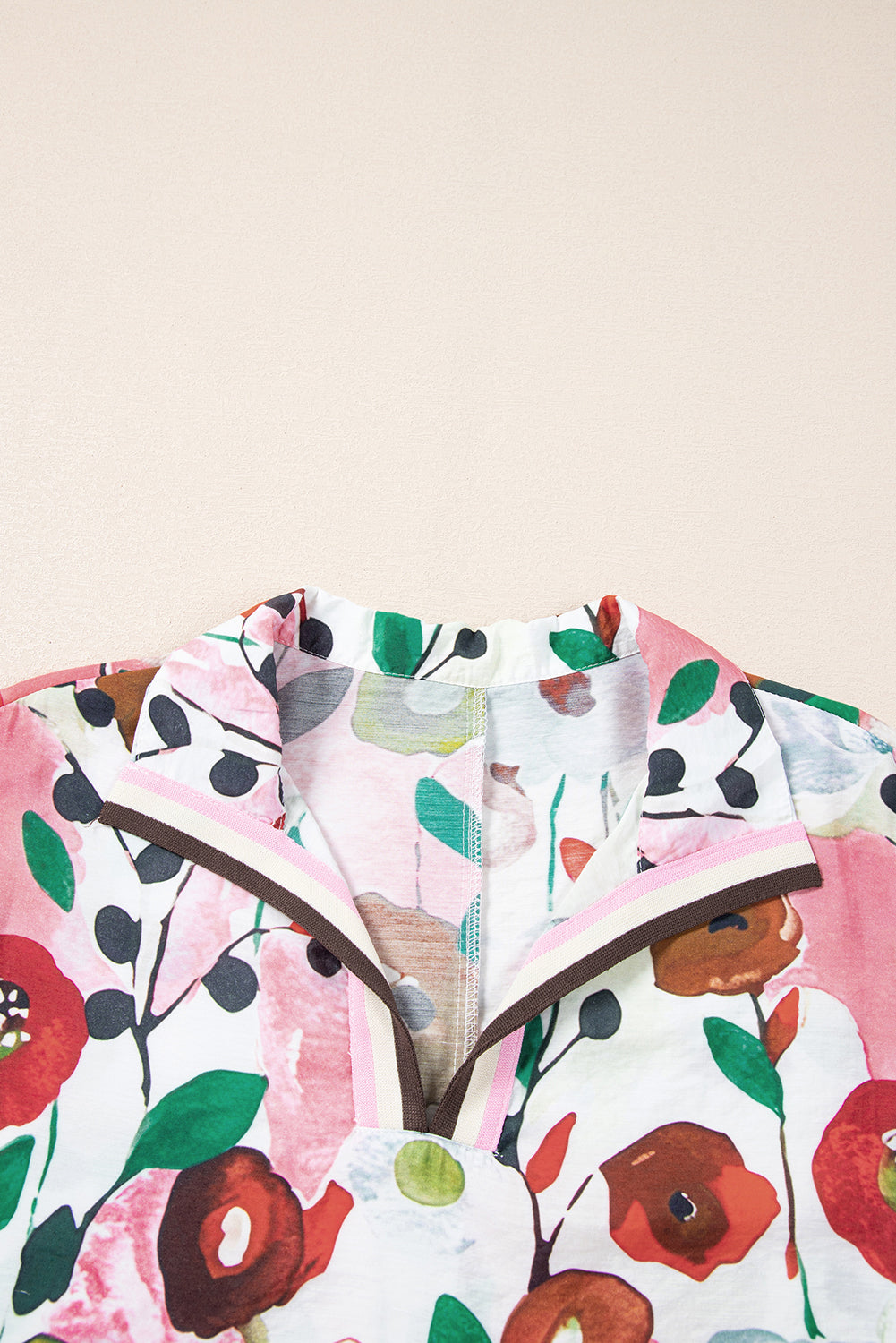 Pink Floral Print Slit V Neck Short Sleeve Blouse eAura