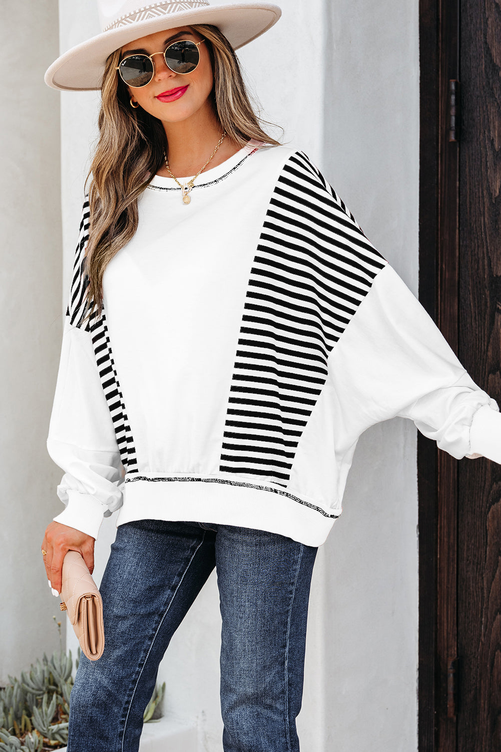 Striped Contrast Stitching Oversized Sweatshirt - eAura