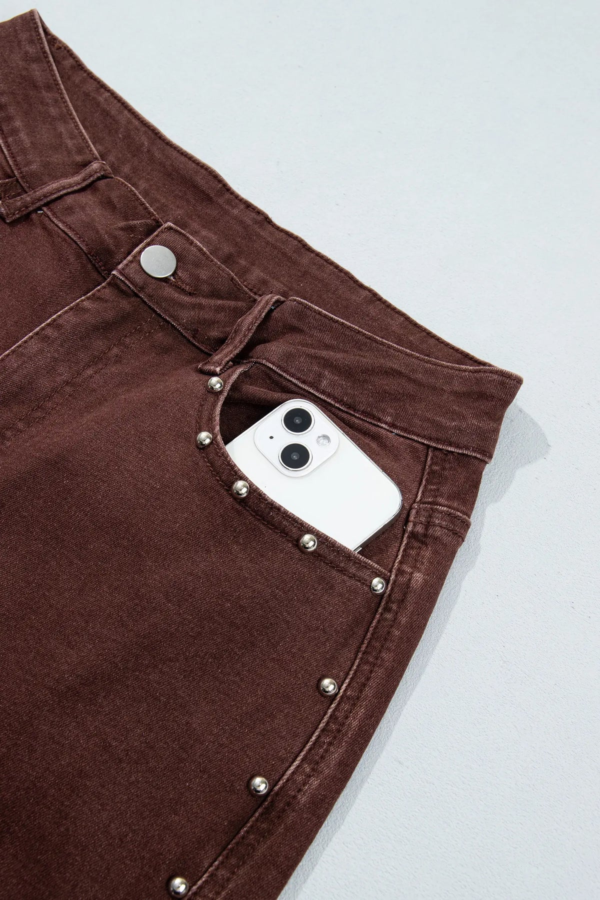 Side Seam Rivet Detail Ankle Length Casual Jeans – Coffee