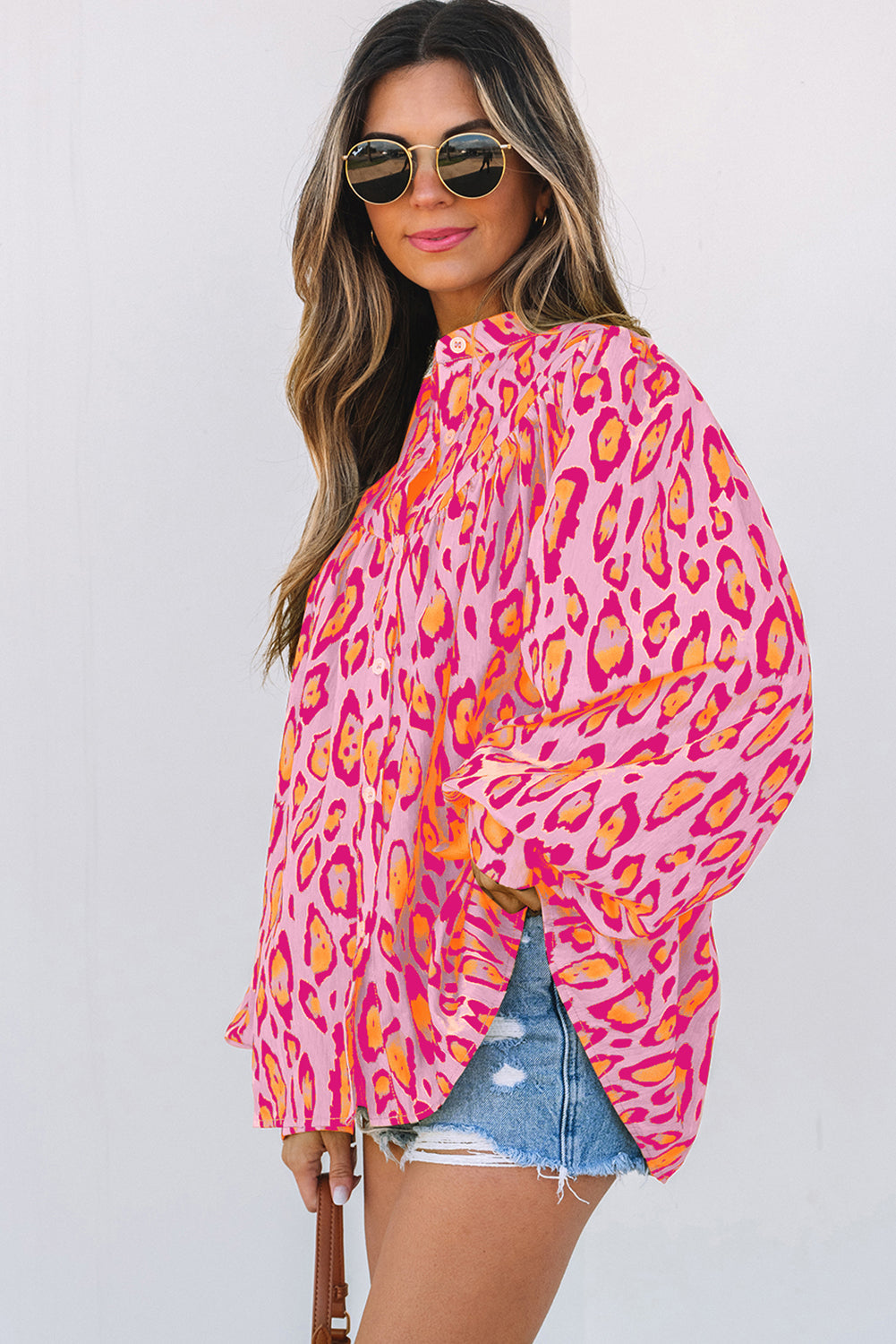 Rose Red Oversized Leopard Print Balloon Sleeve Casual Shirt eAura