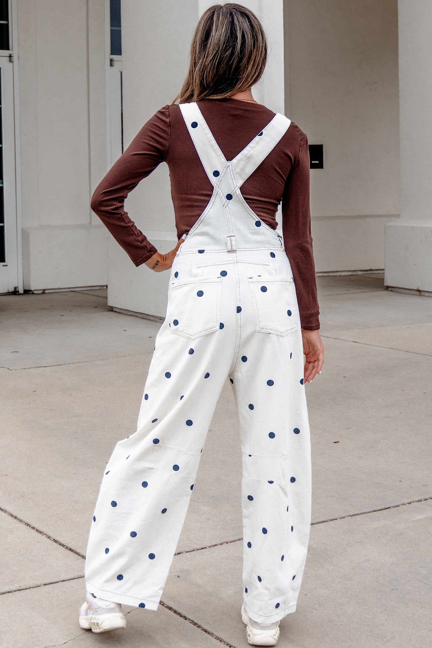 Polka Dot Print Bib Pocket Denim Barrel Overalls