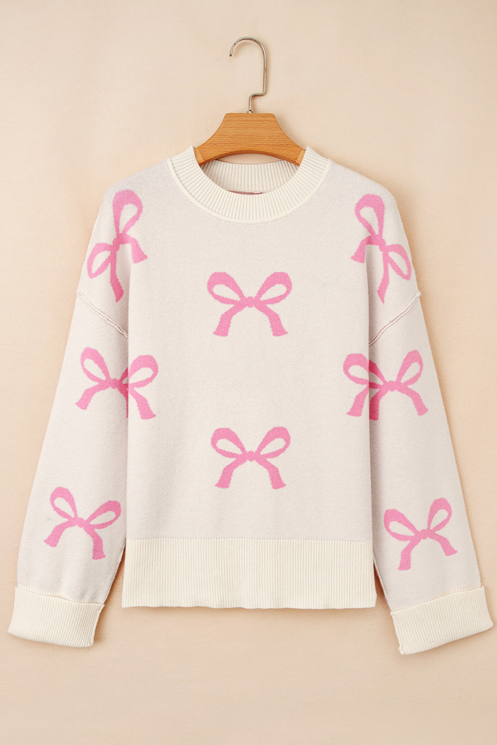 Pink Bow Print Ribbed Trim Exposed Seam Drop Shoulder Loose Sweater eAura