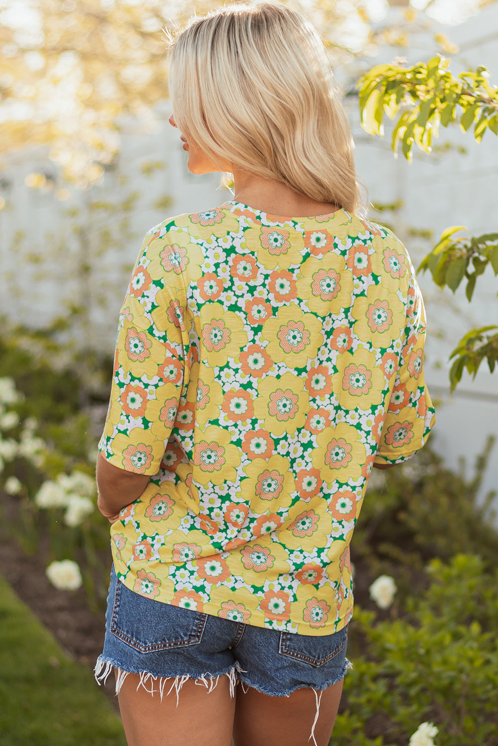 Yellow Summer Flower Printed Drop Shoulder Loose T Shirt eAura