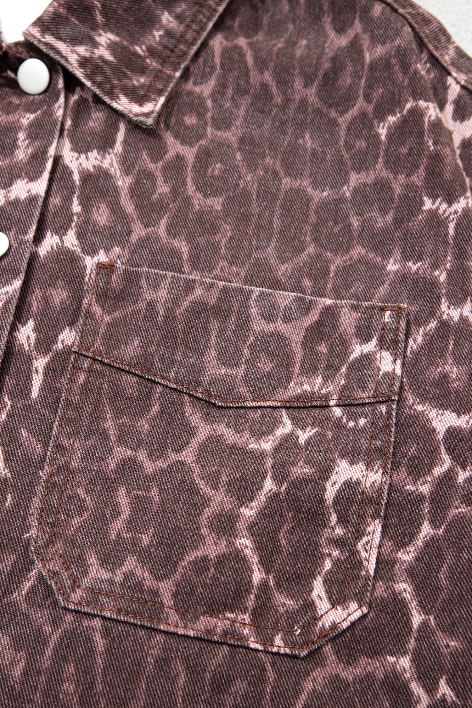 Khaki Oversized Leopard Print Long Sleeve Patch Pocket Denim Jacket
