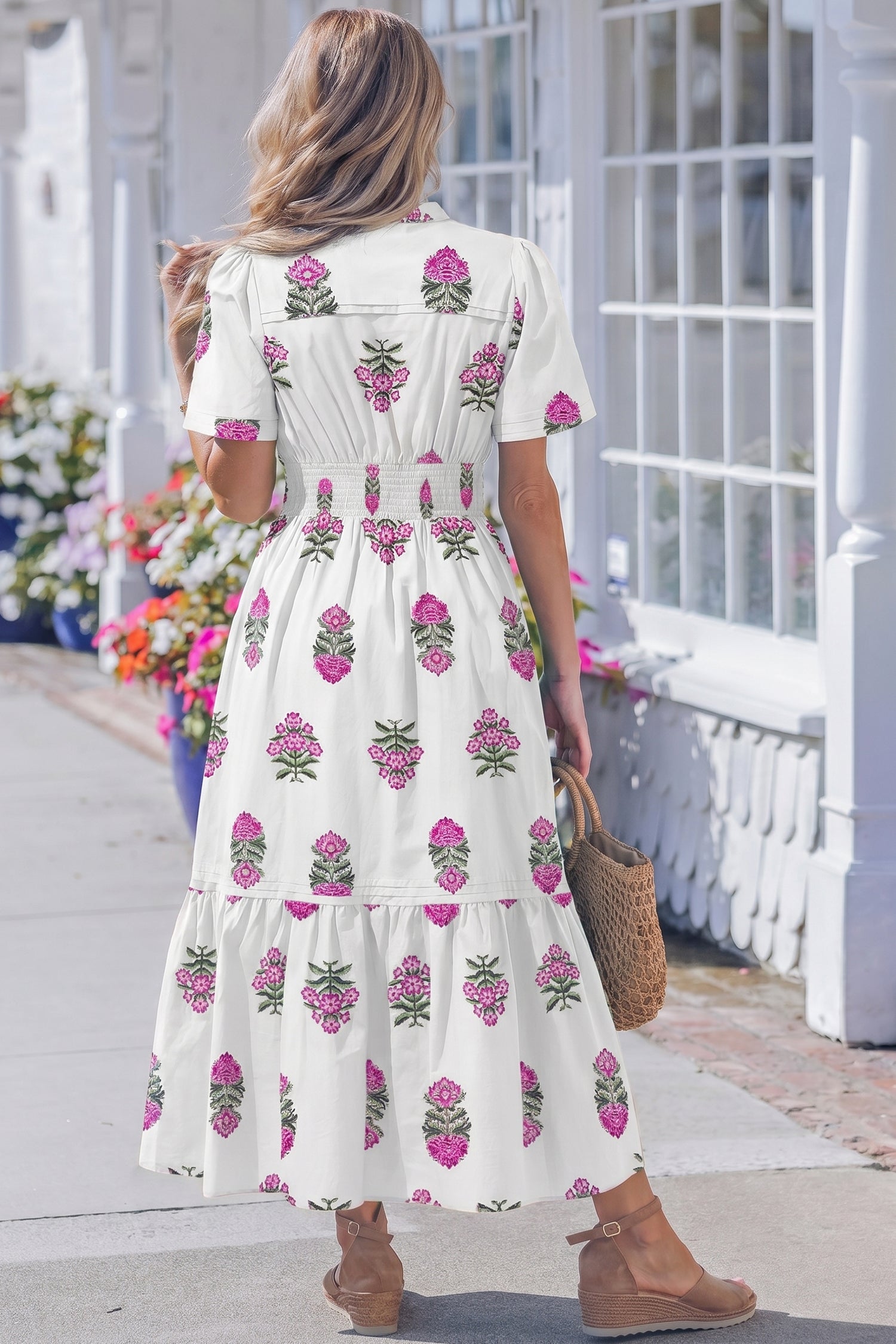 Floral Print Split Neck Shirred Waist Ruffle Hem Maxi Dress