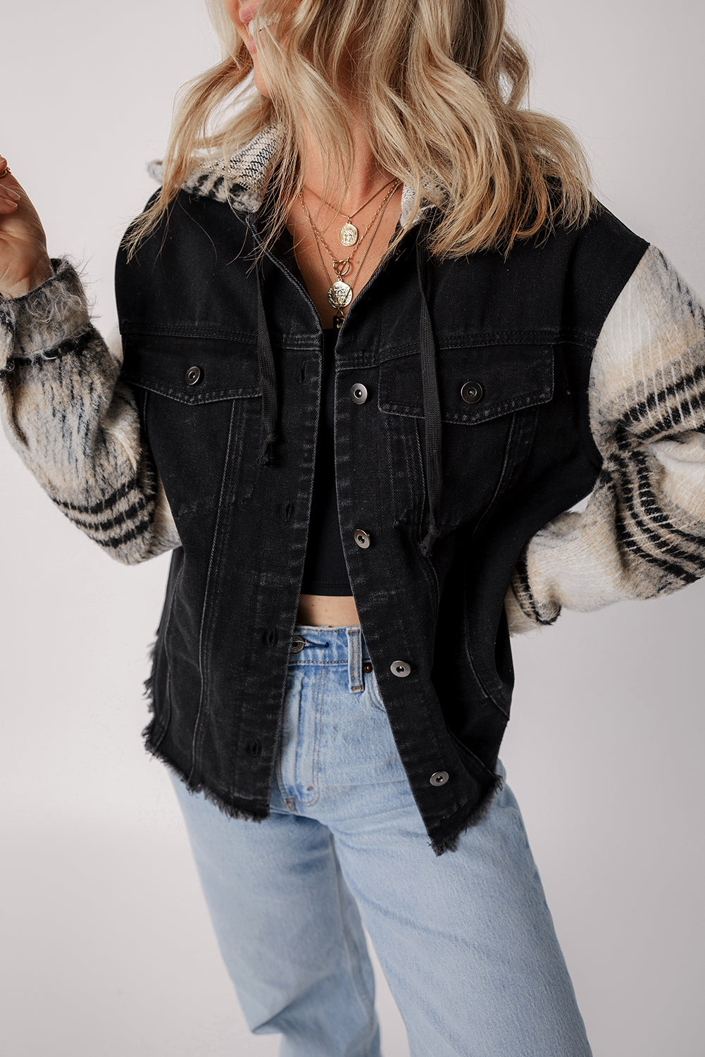 Black Plaid Sleeve Frayed Hem Hooded Denim Jacket Beagle Boutique Fashion Outlet