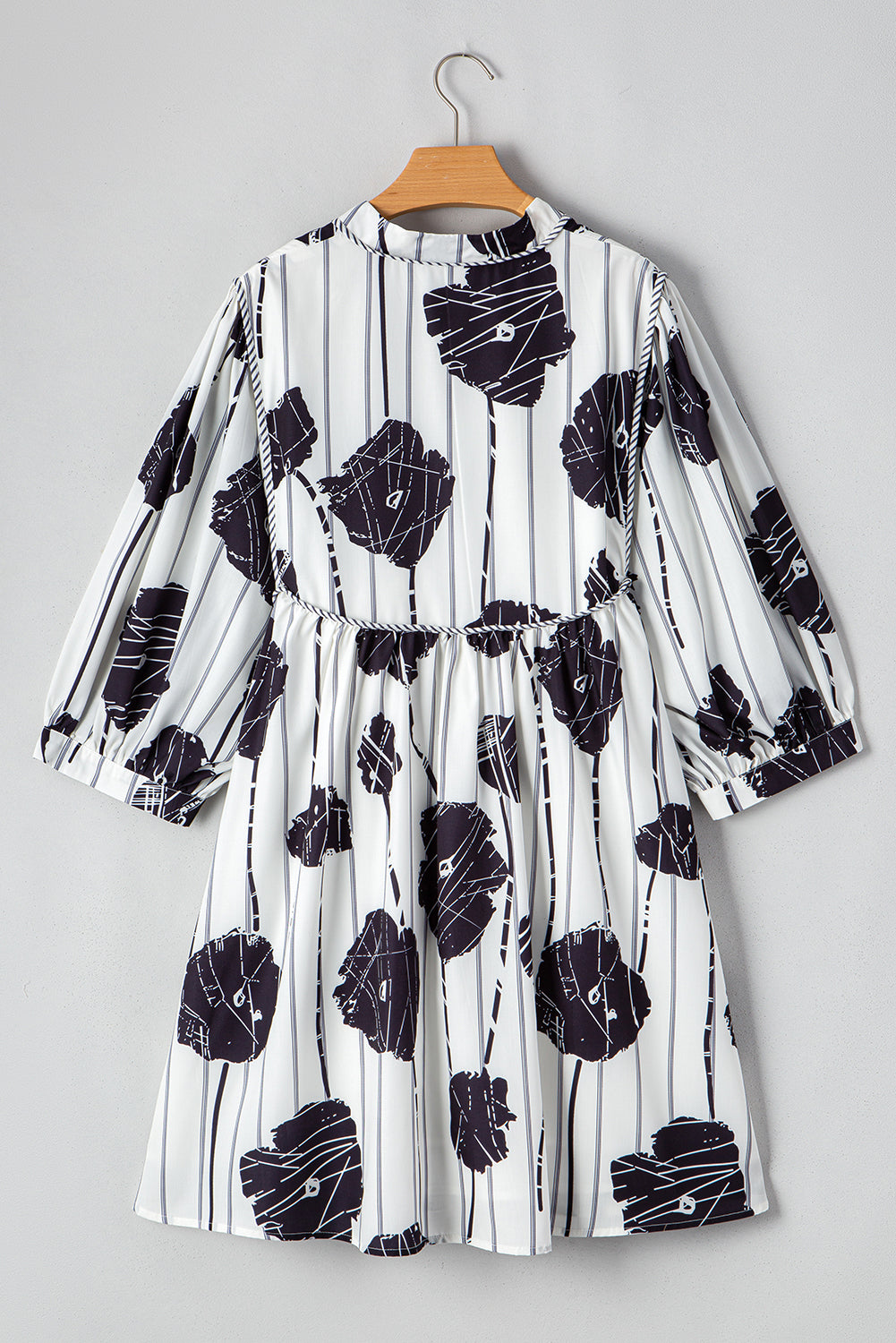 Black Plus Size Floral 3/4 Puff Sleeve Lace-up Neck Mini Dress BB Fashion Outlet