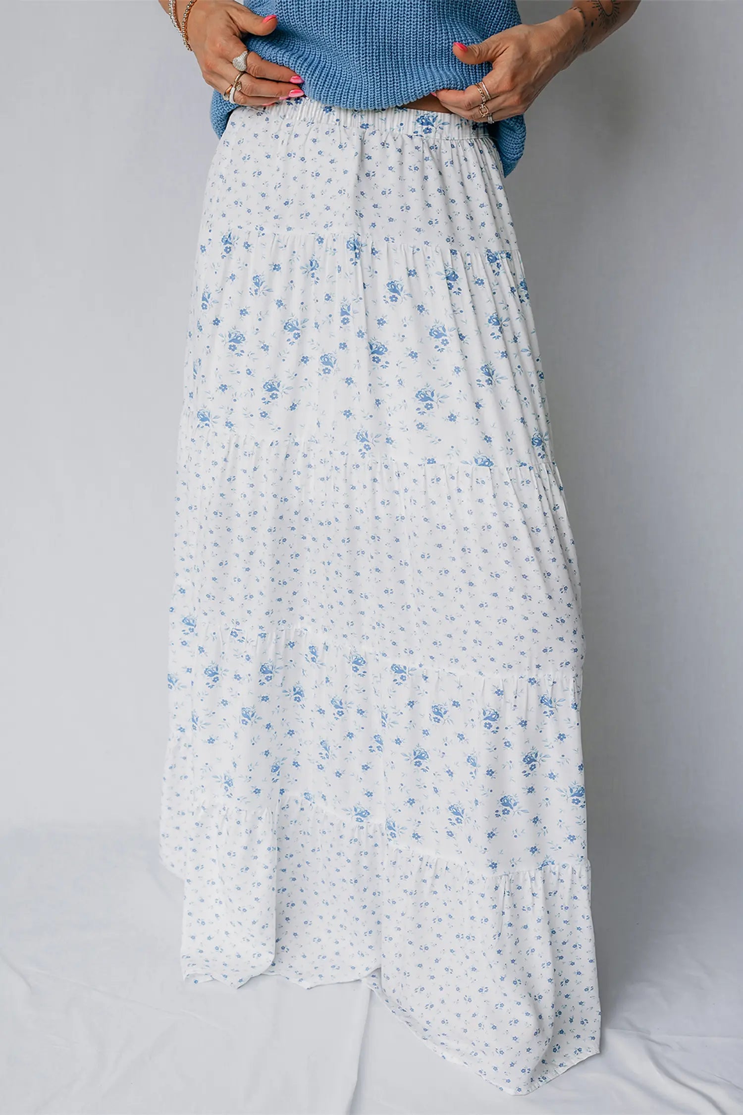 High Waist Tiny Floral Print Boho Maxi Skirt – Sky Blue