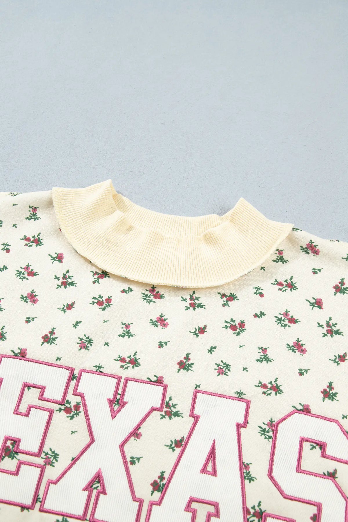 Floral Print Stand Neck Long Sleeve Slogan Sweatshirt – Beige