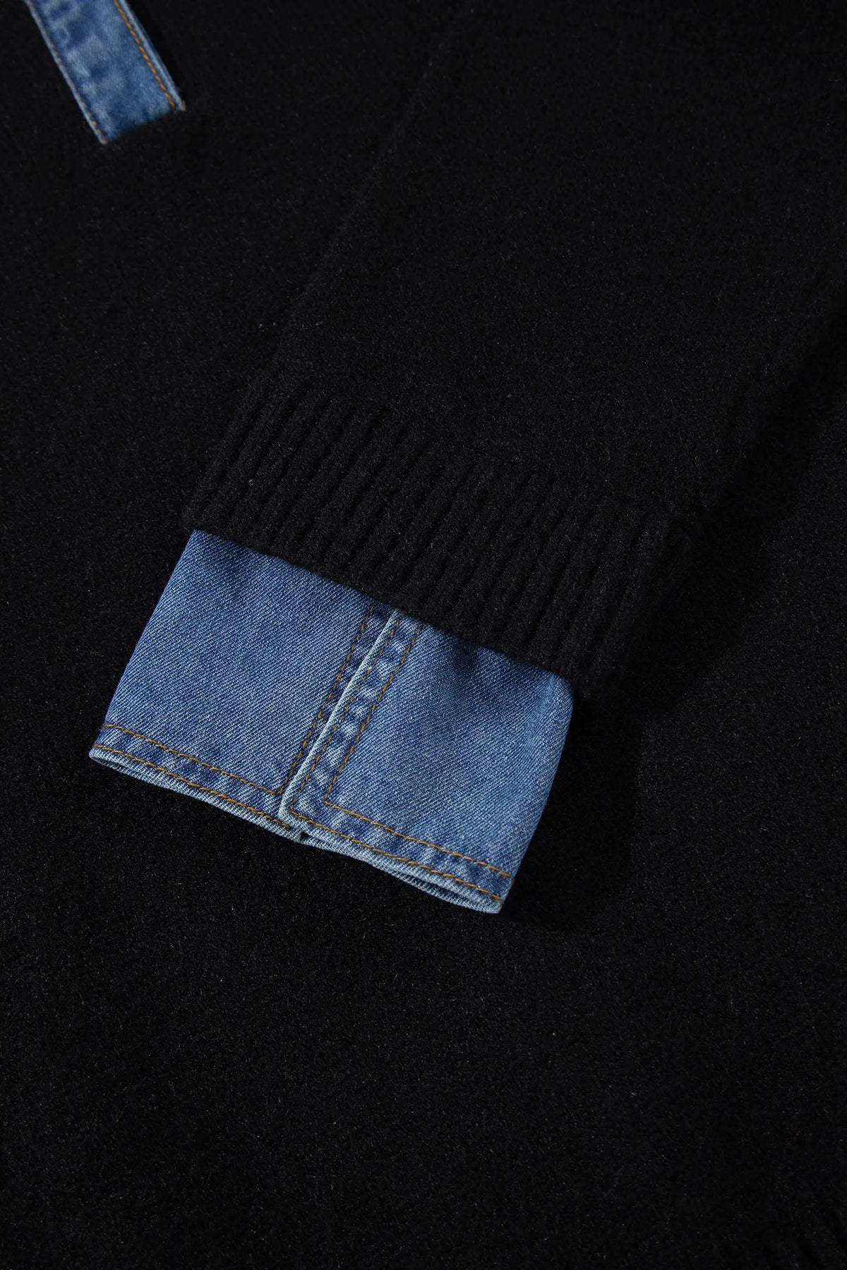 Denim Patchwork Collar Cuffed Casual Sweater – Black