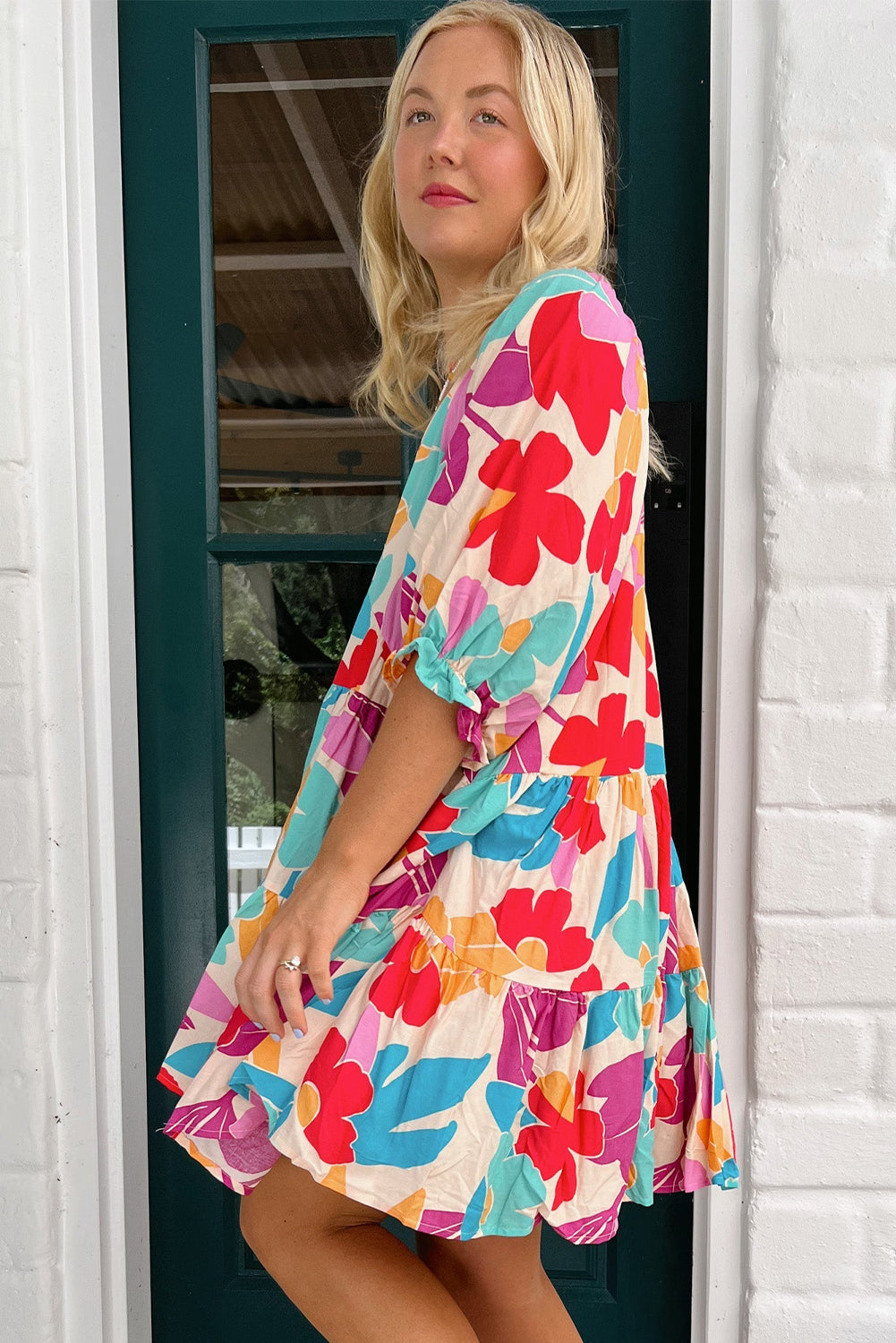 Rose Red Floral Bubble Sleeve V Neck Tiered Ruffle Babydoll Dress eAura