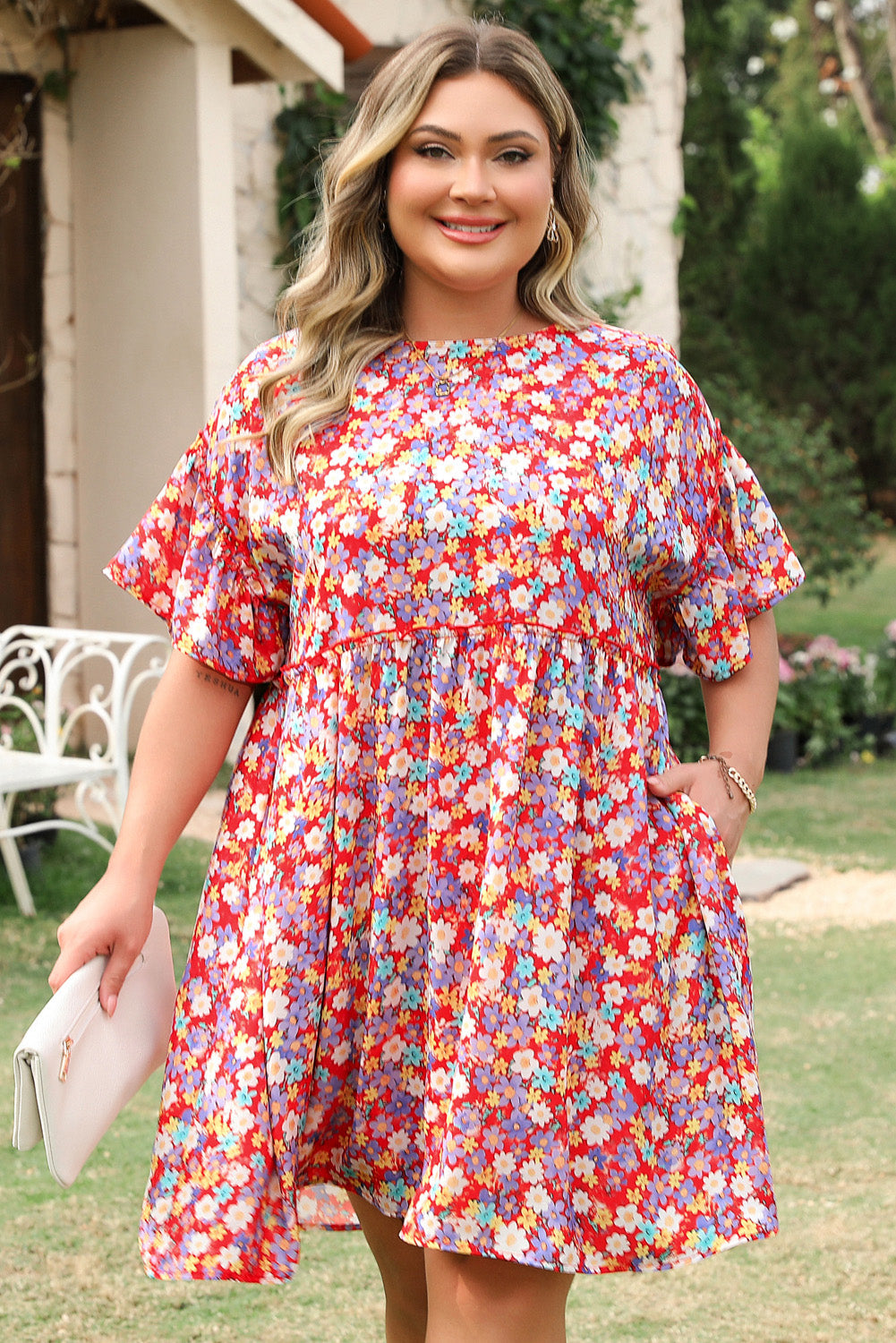 Red Dainty Flower Printed Plus Size Short Sleeve Shift Dress BB Fashion Outlet