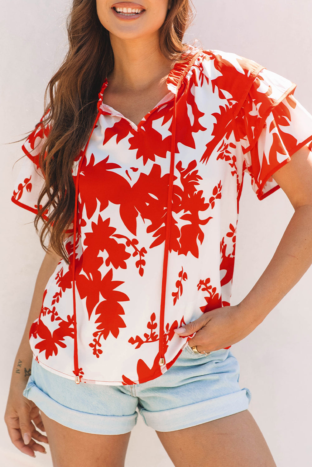 Red Plant Print Tiered Ruffled Sleeve V Neck Blouse eAura