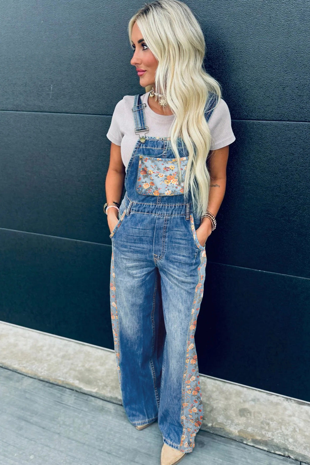 Floral Patchwork Bib Denim Wide Leg Overalls Dungarees