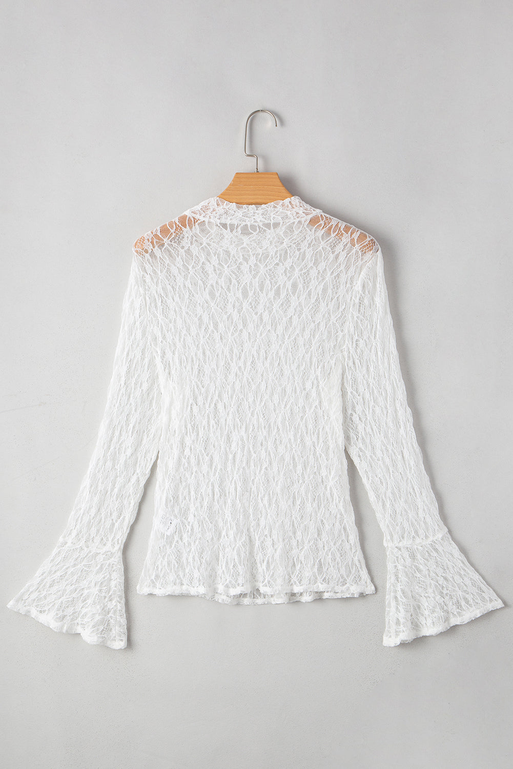White Sheer Lace Bell Sleeve Mock Neck Blouse - eAura